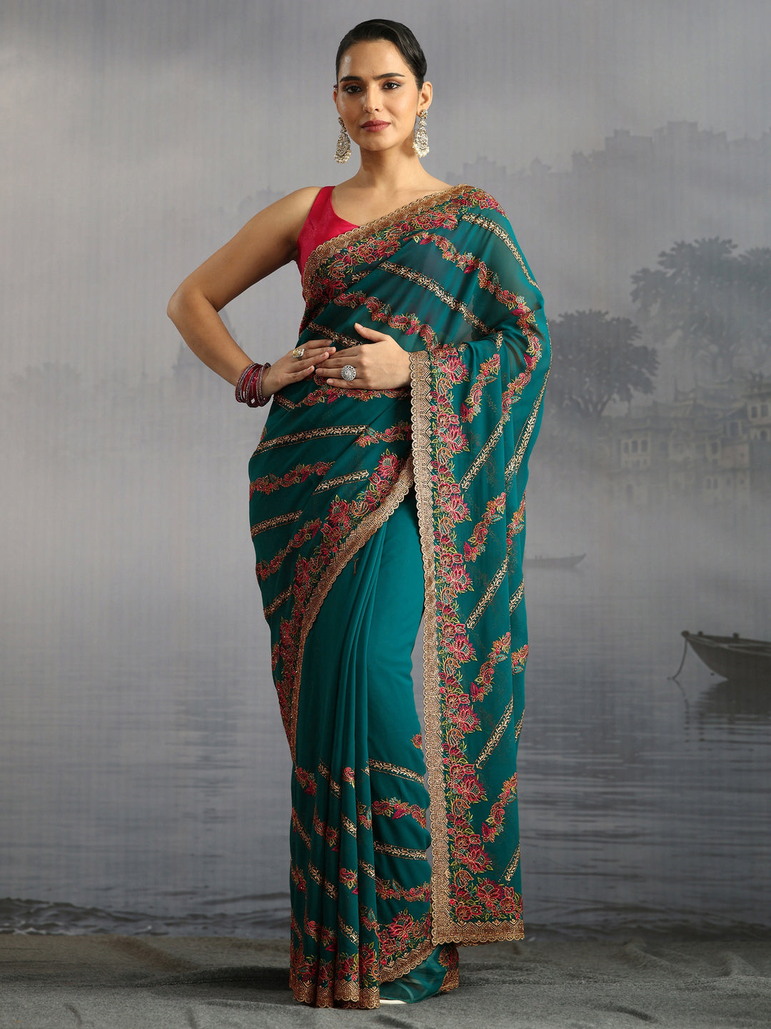  Libas Art Teal Green Floral Embroidered Stone Work Georgette Saree 