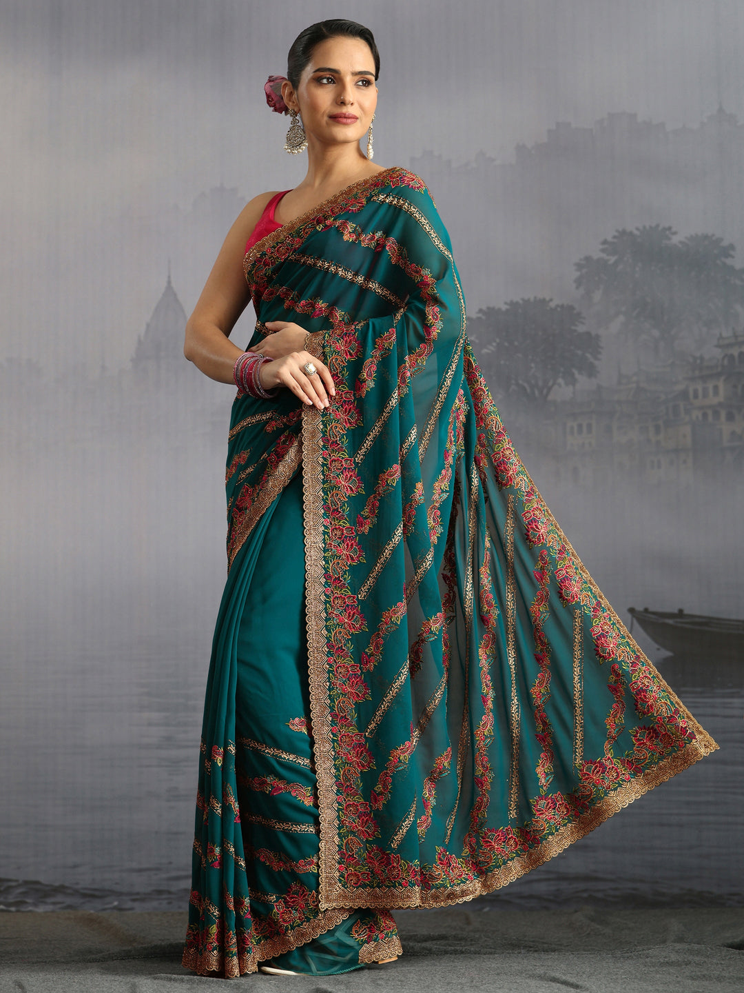  Libas Art Teal Green Floral Embroidered Stone Work Georgette Saree 