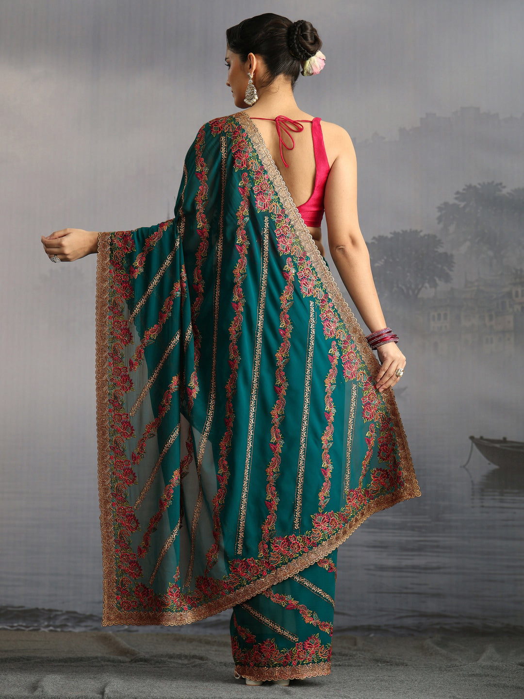  Libas Art Teal Green Floral Embroidered Stone Work Georgette Saree 