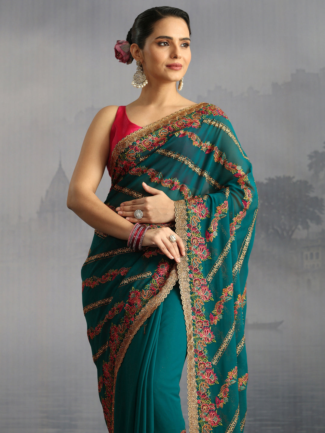  Libas Art Teal Green Floral Embroidered Stone Work Georgette Saree 