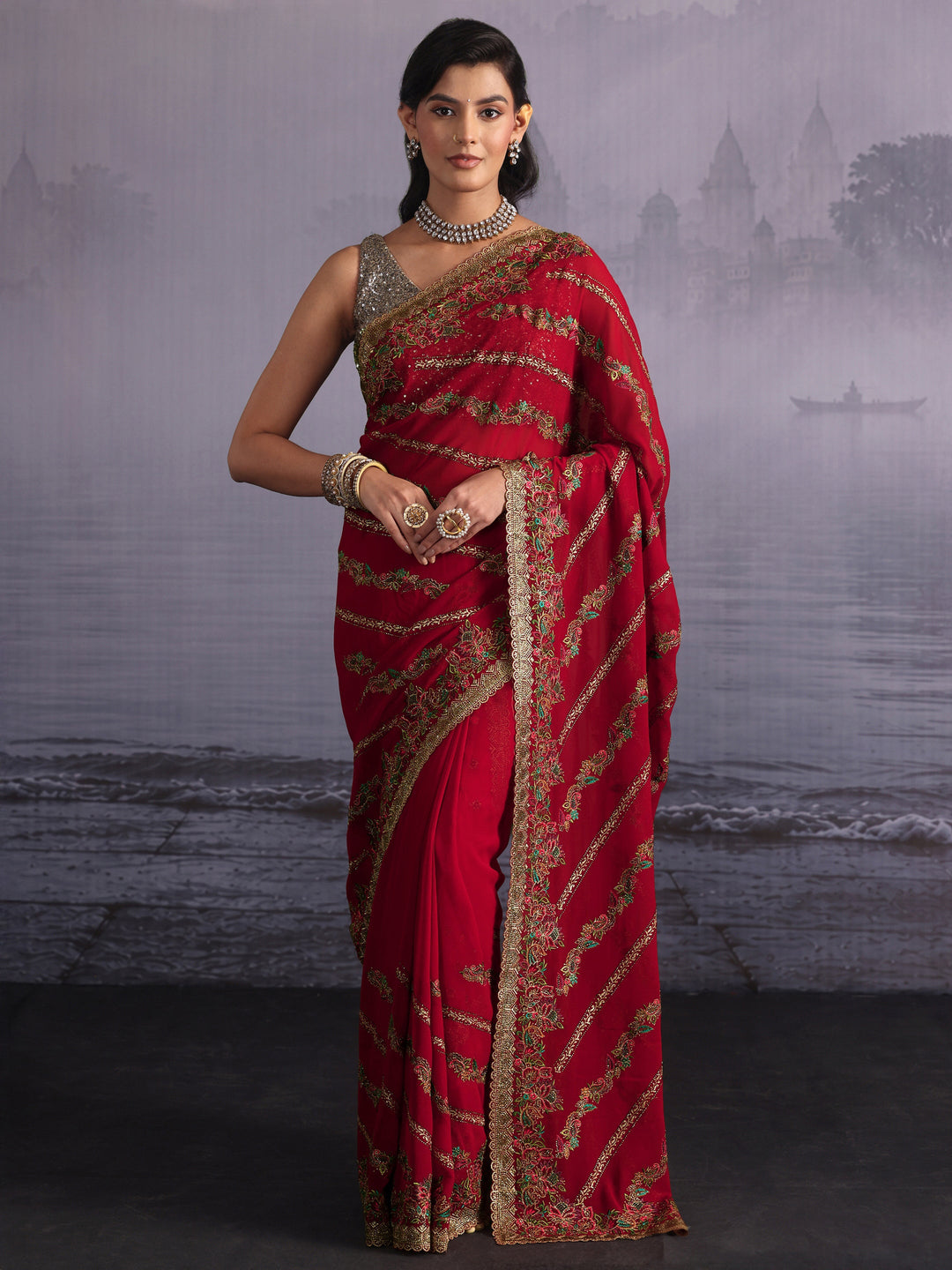  Libas Art Crimson Red Floral Embroidered Stone Work Georgette Saree 