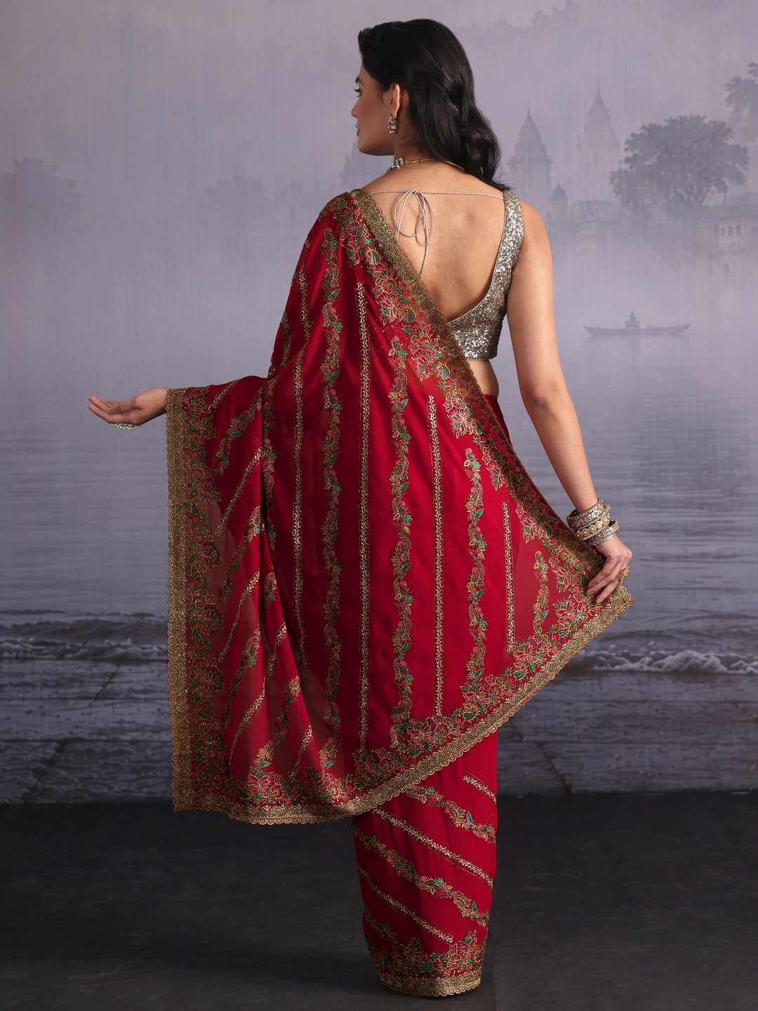  Libas Art Crimson Red Floral Embroidered Stone Work Georgette Saree 