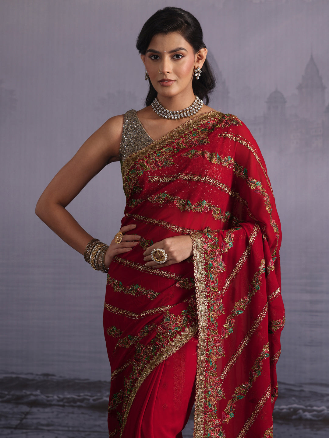  Libas Art Crimson Red Floral Embroidered Stone Work Georgette Saree 