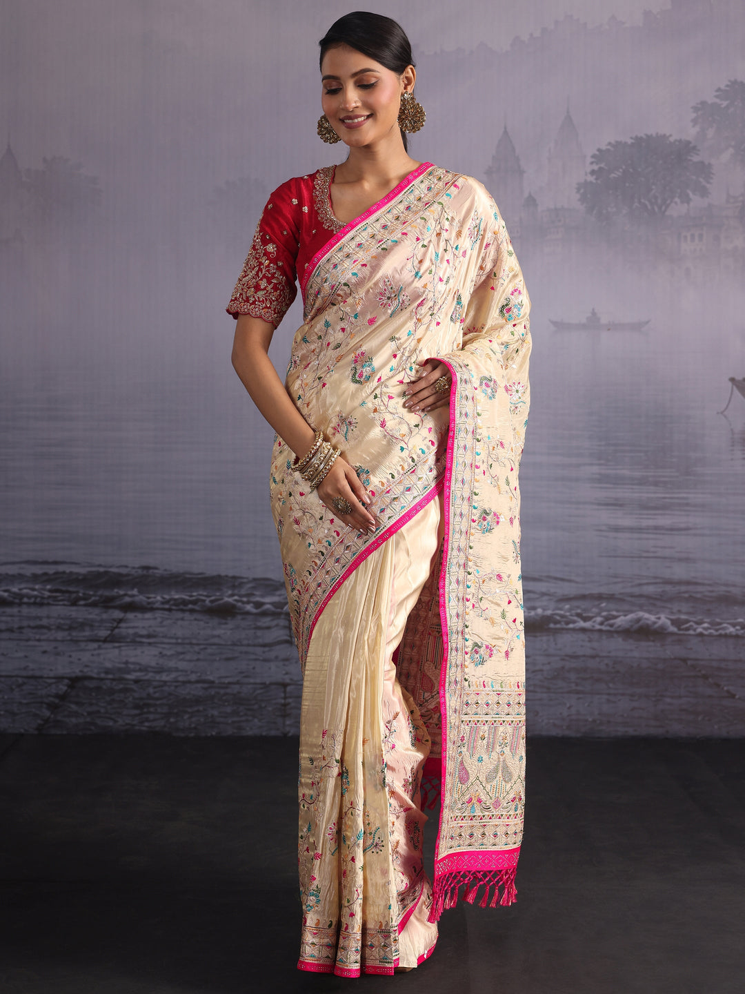 Libas Art Cream Floral Embroidered Stone Work Tissue Tassel Saree 