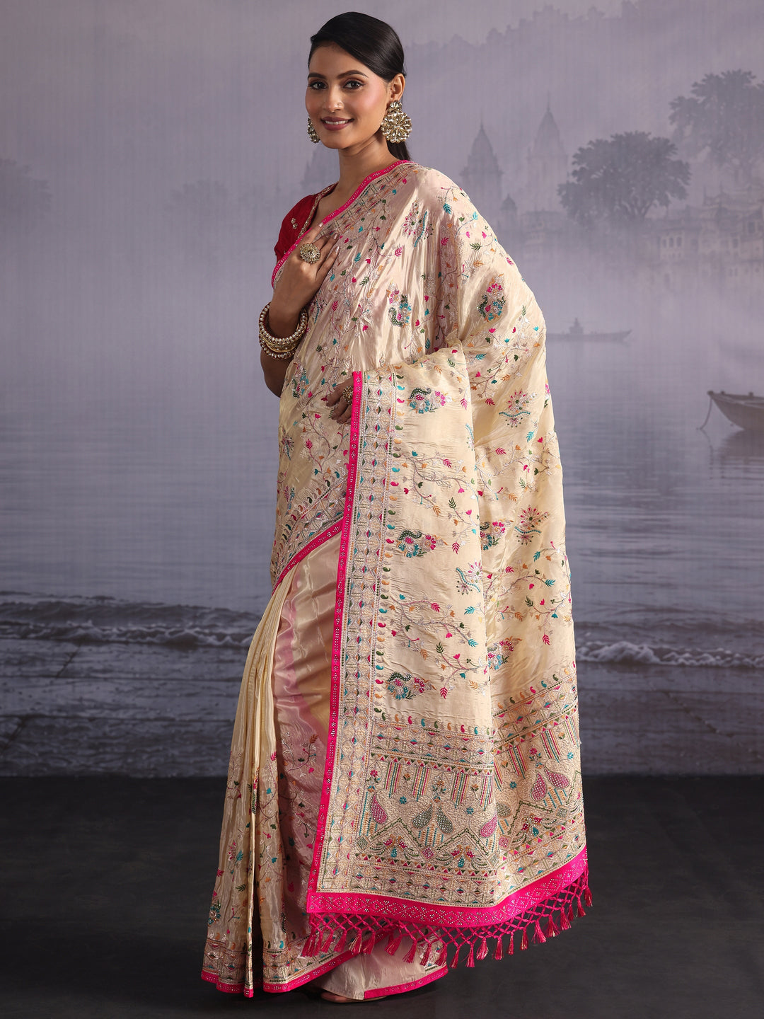 Libas Art Cream Floral Embroidered Stone Work Tissue Tassel Saree 