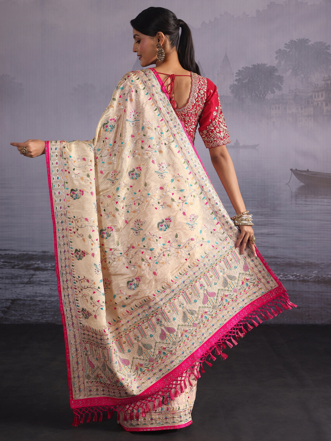  Libas Art Cream Floral Embroidered Stone Work Tissue Tassel Saree 