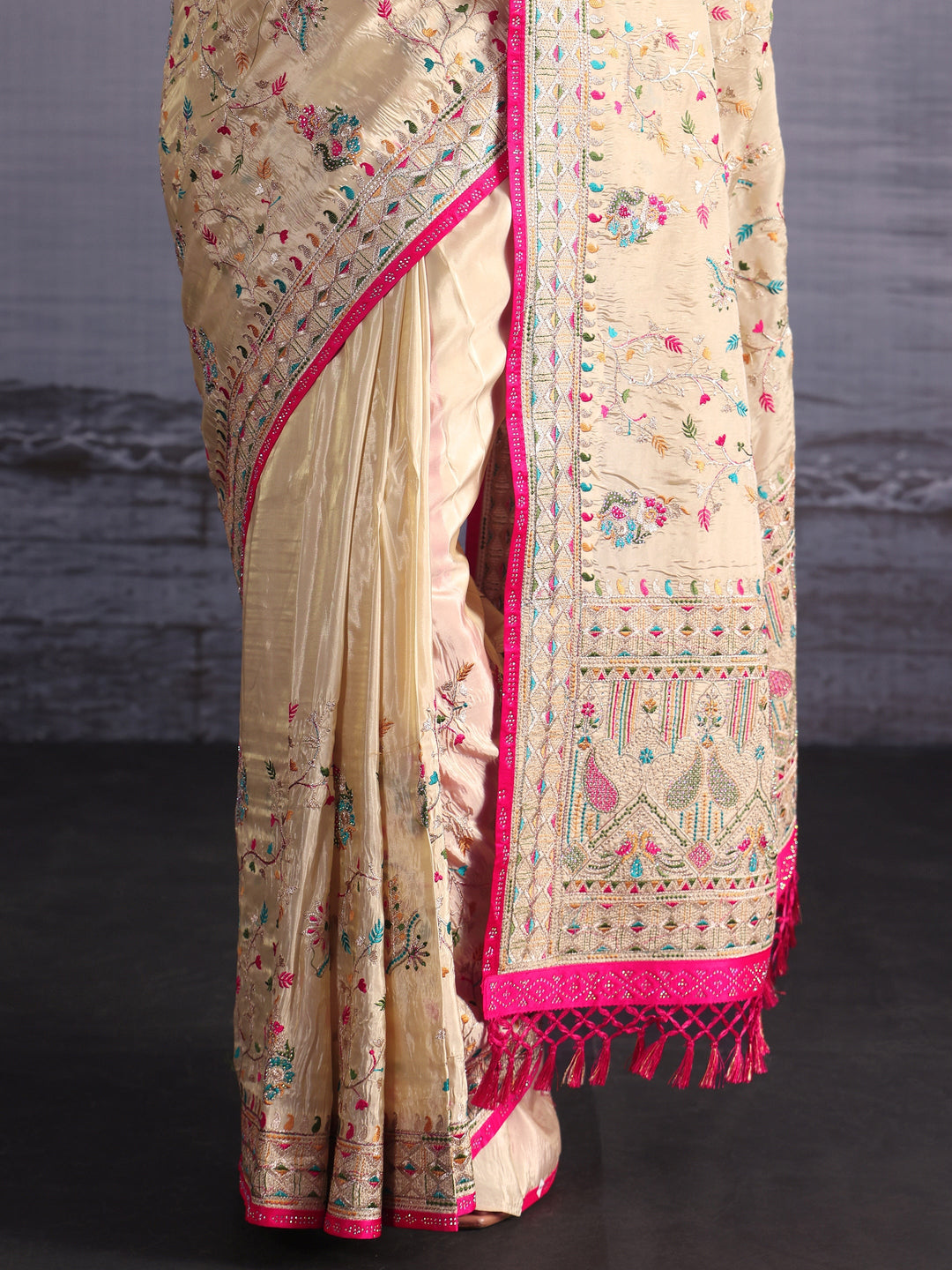  Libas Art Cream Floral Embroidered Stone Work Tissue Tassel Saree 