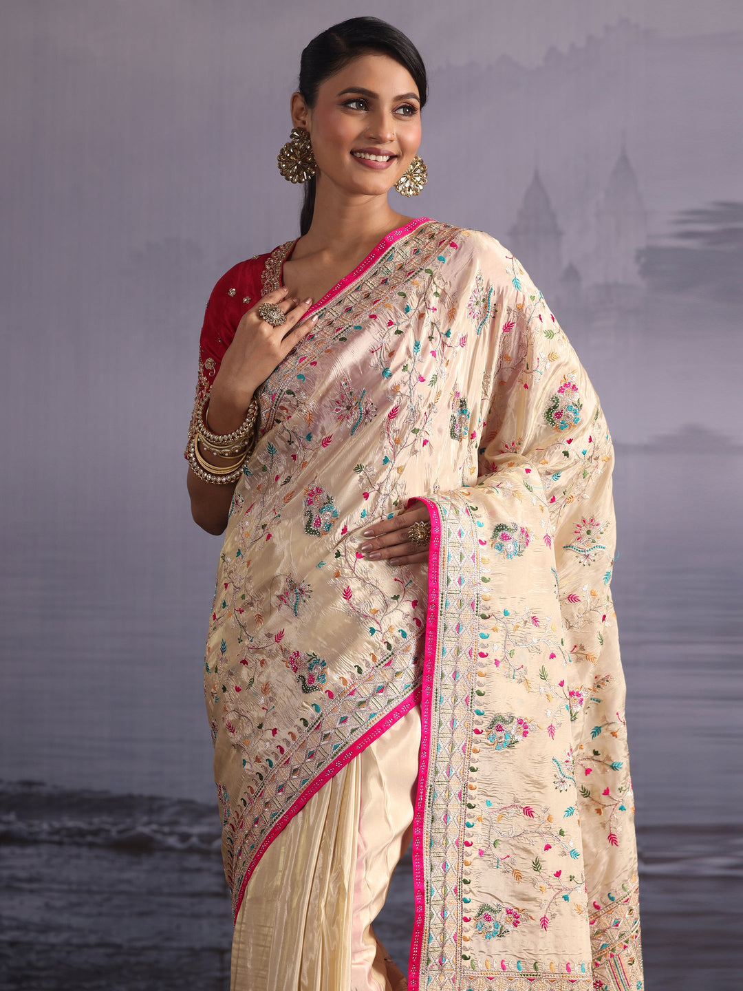  Libas Art Cream Floral Embroidered Stone Work Tissue Tassel Saree 