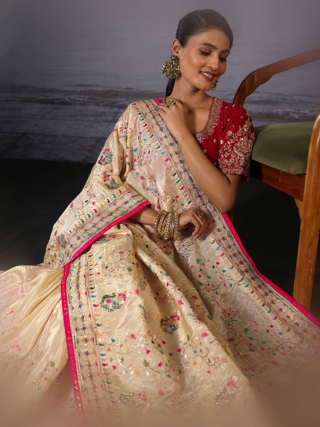  Libas Art Cream Floral Embroidered Stone Work Tissue Tassel Saree 