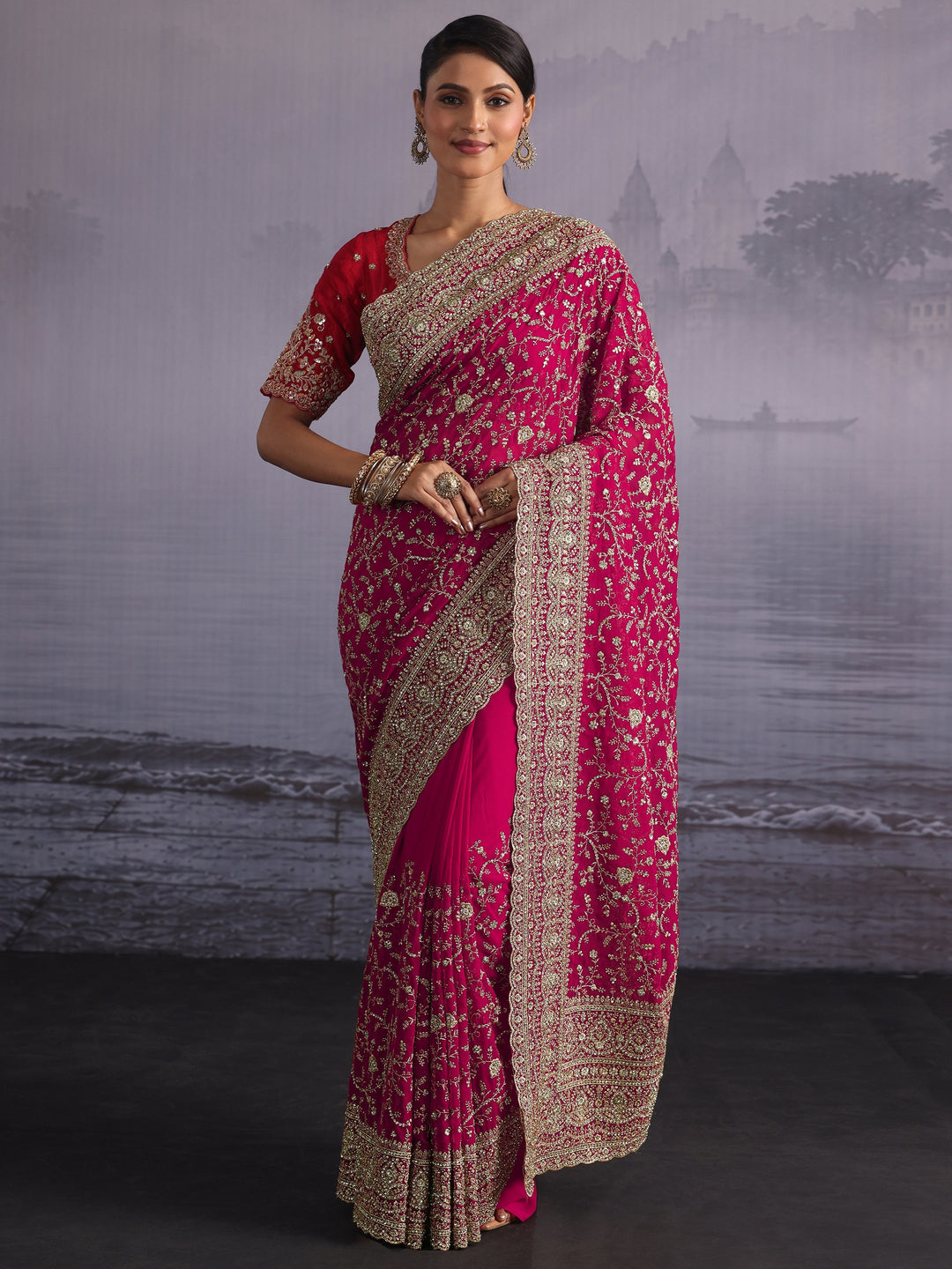  Libas Art Pink Floral Embroidered Stone Work Georgette Saree 