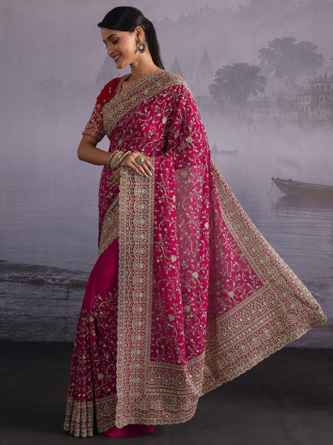  Libas Art Pink Floral Embroidered Stone Work Georgette Saree 