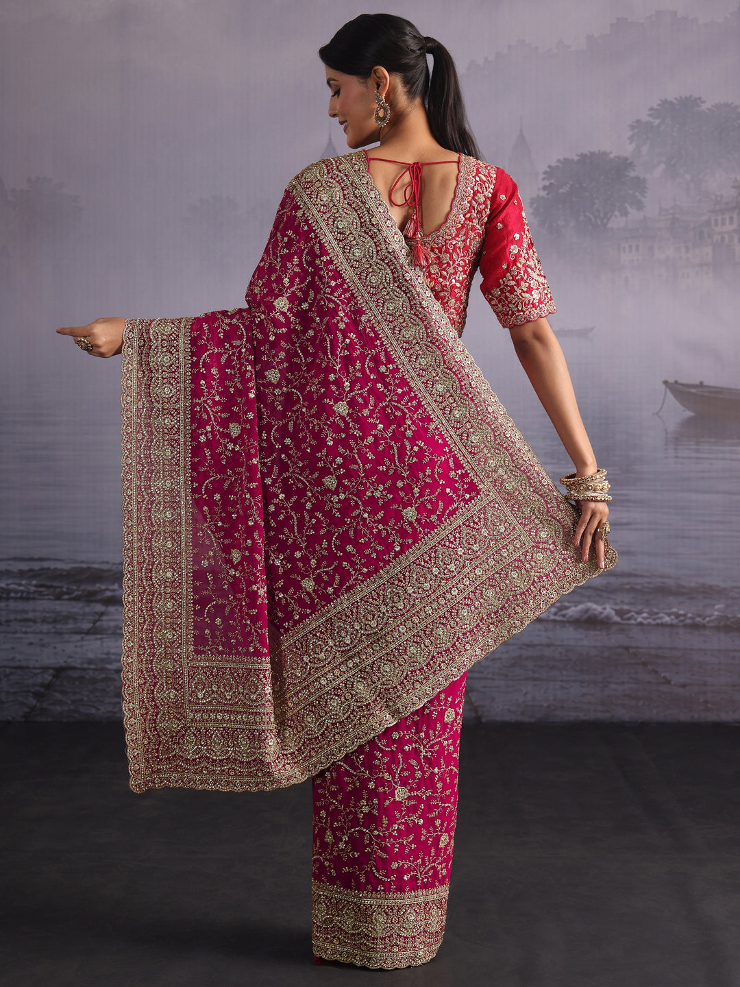  Libas Art Pink Floral Embroidered Stone Work Georgette Saree 