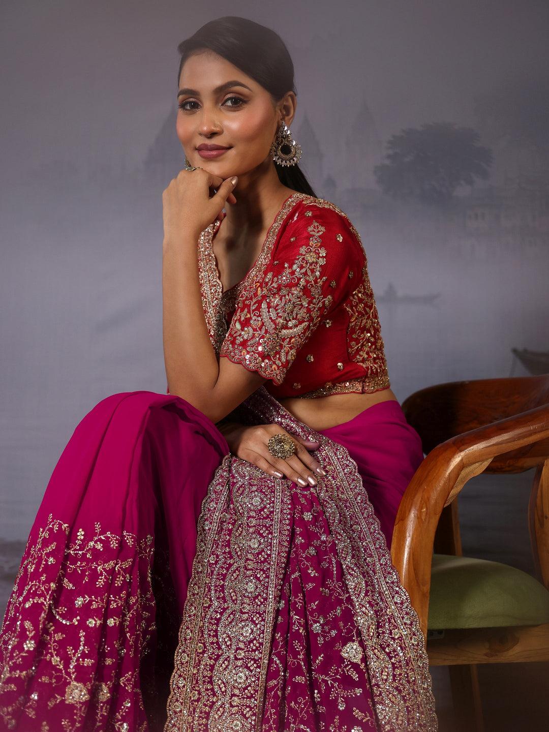  Libas Art Pink Floral Embroidered Stone Work Georgette Saree 