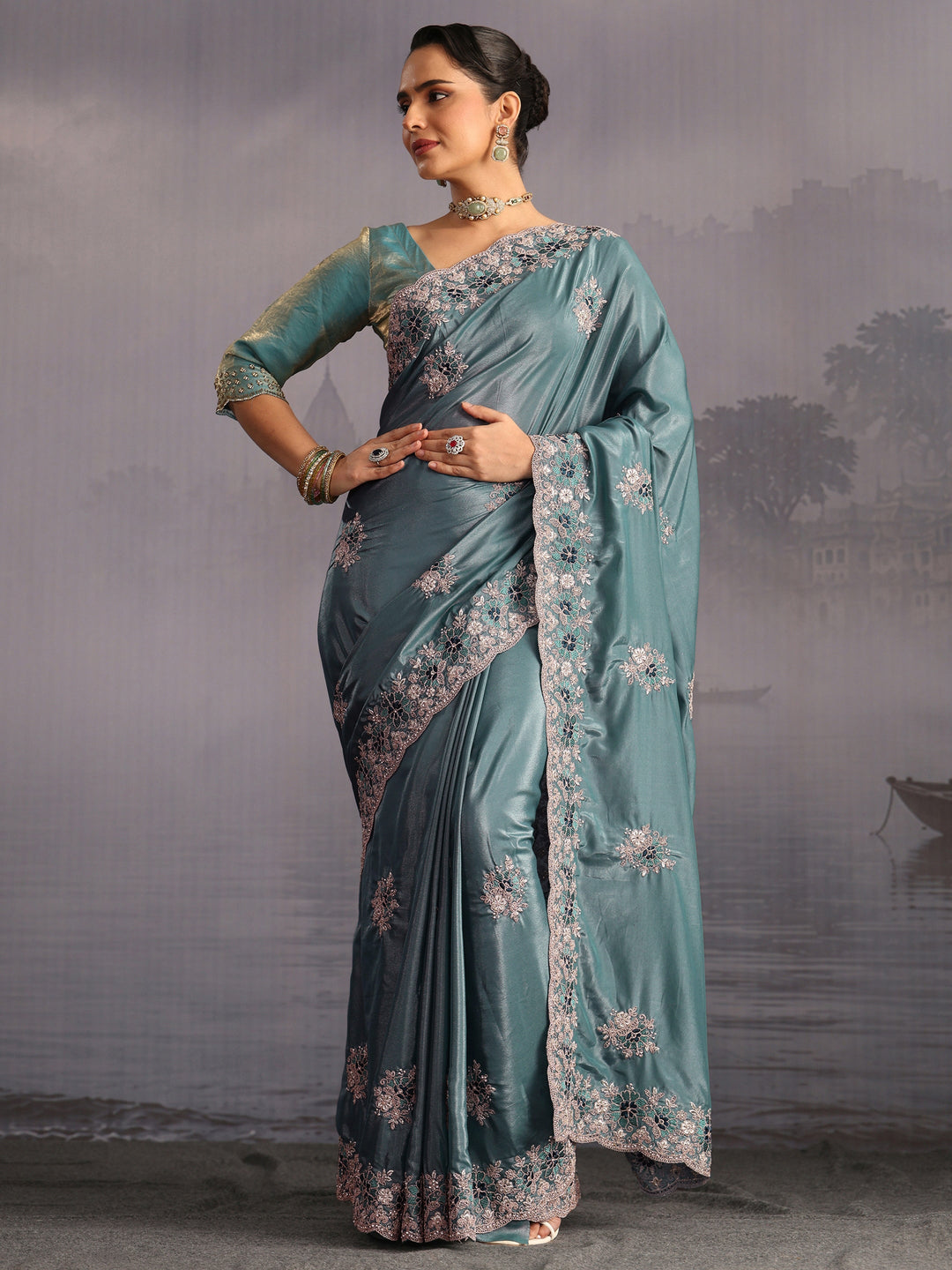  Libas Dusty Blue Floral Embroidered Satin Saree with Scalloped Border 