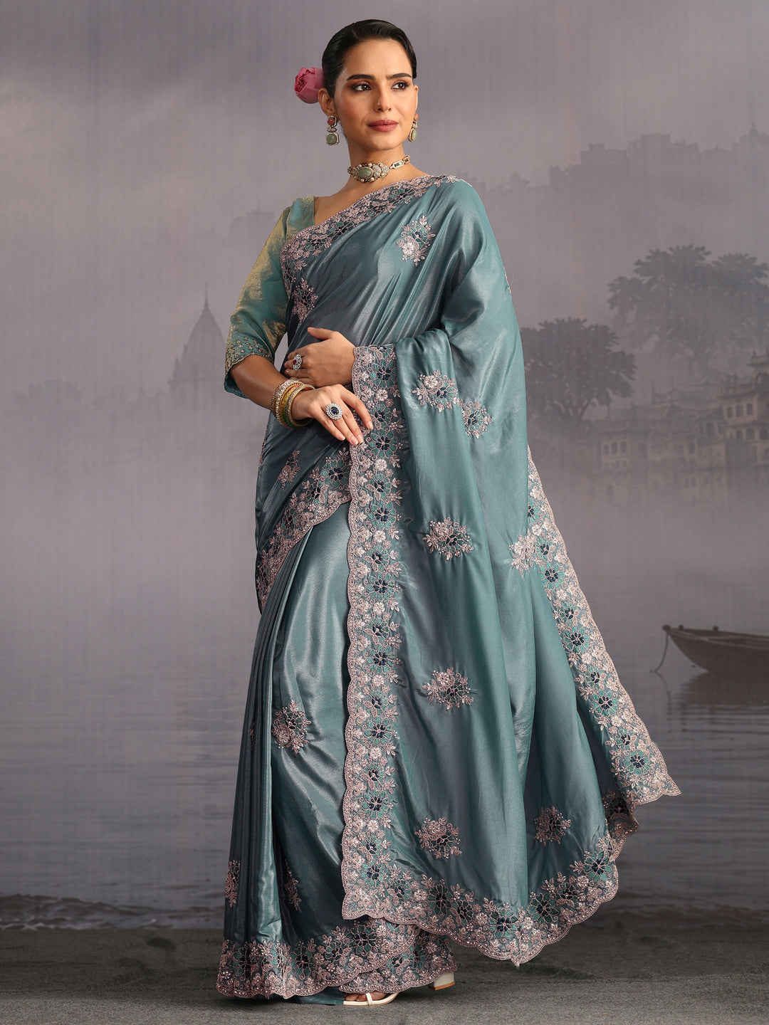  Libas Dusty Blue Floral Embroidered Satin Saree with Scalloped Border 