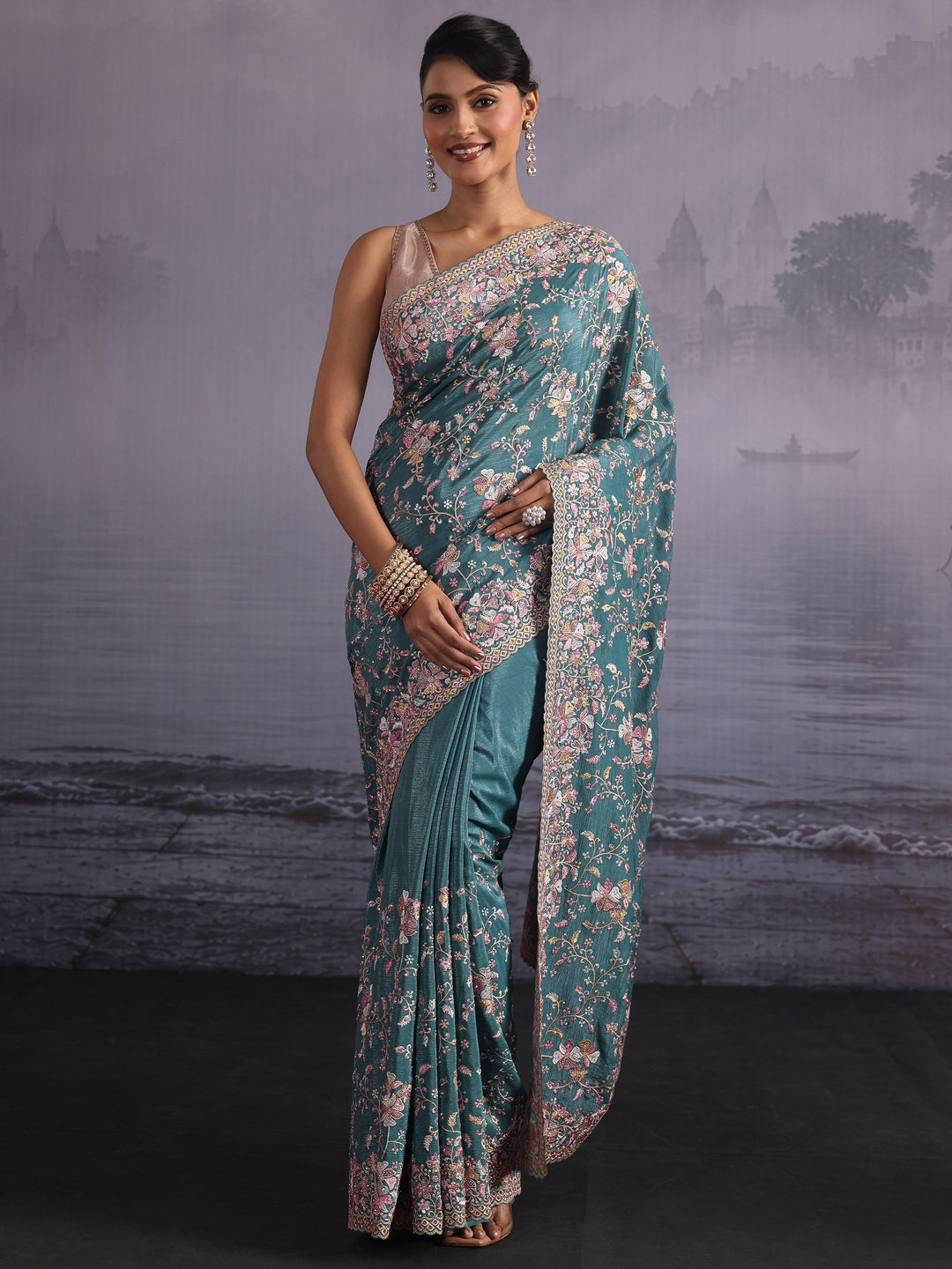  Libas Art Blue Floral Embroidered Stone Work Chiffon Saree 