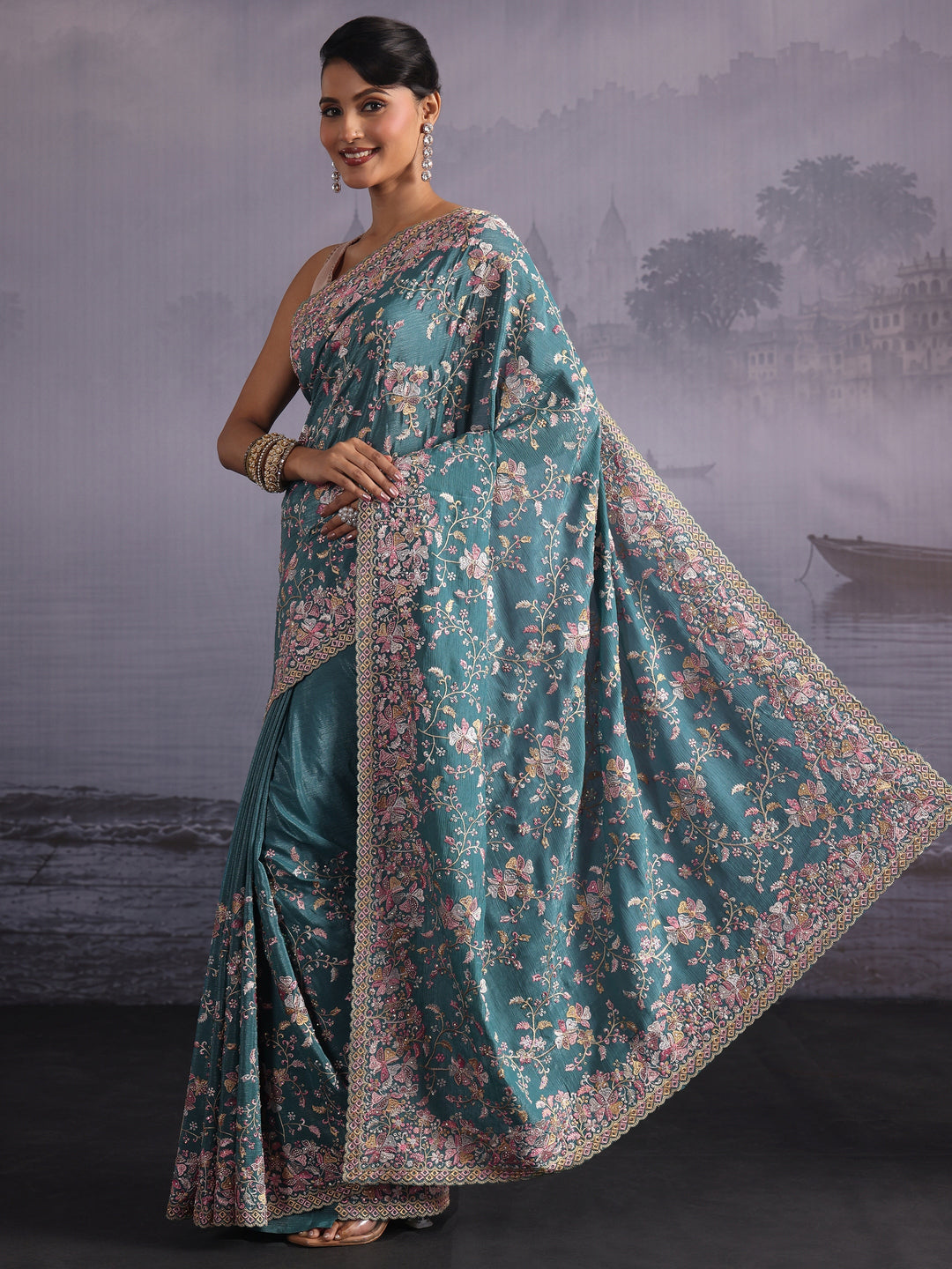  Libas Art Blue Floral Embroidered Stone Work Chiffon Saree 