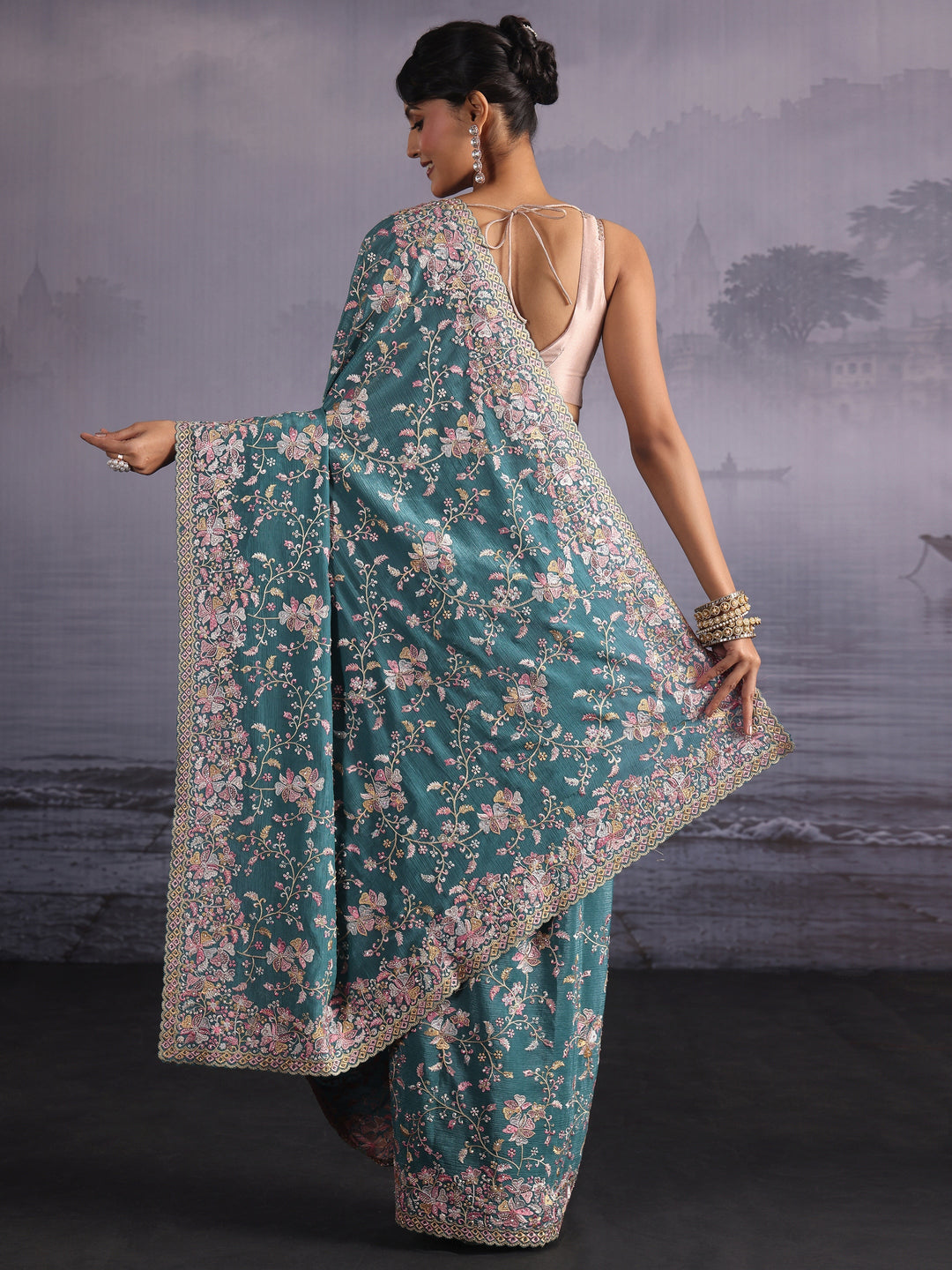  Libas Art Blue Floral Embroidered Stone Work Chiffon Saree 