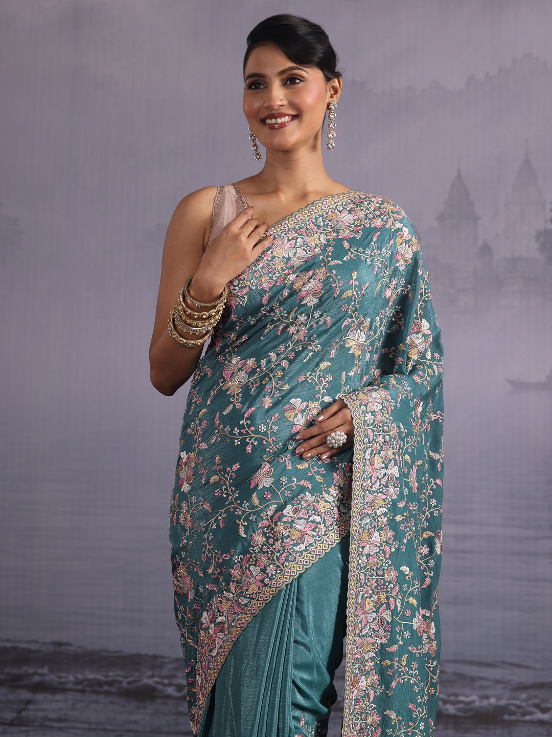  Libas Art Blue Floral Embroidered Stone Work Chiffon Saree 