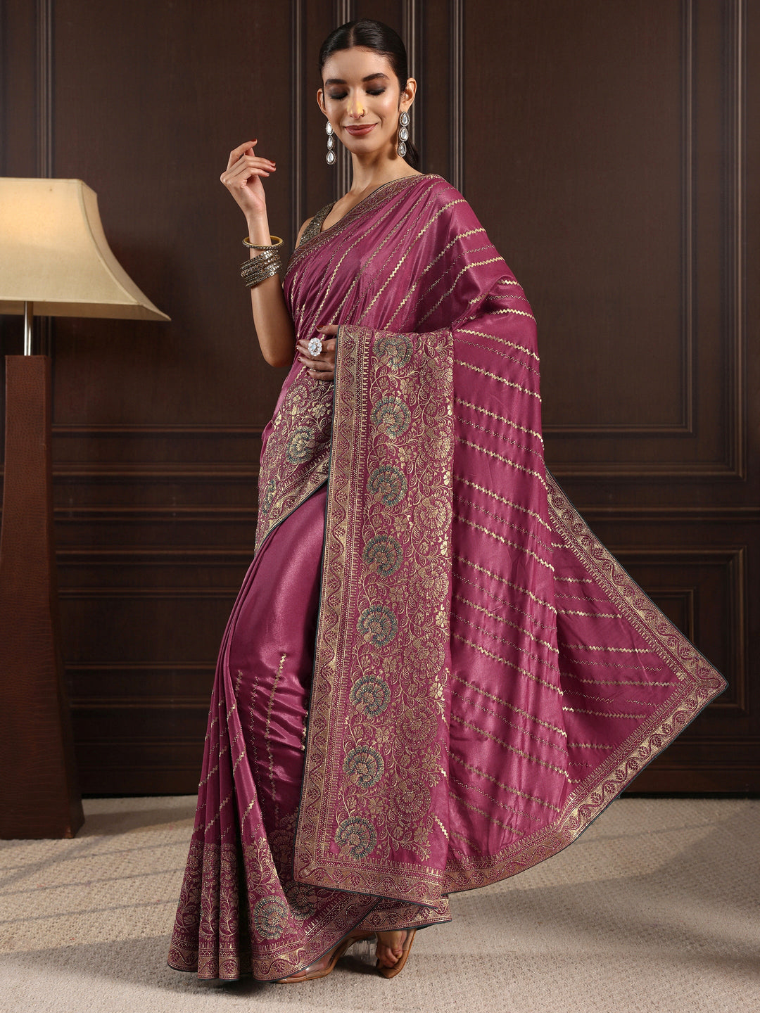  Libas Mauve Floral Embroidered Satin Saree 