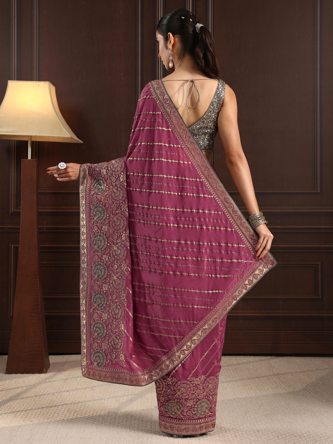  Libas Mauve Floral Embroidered Satin Saree 