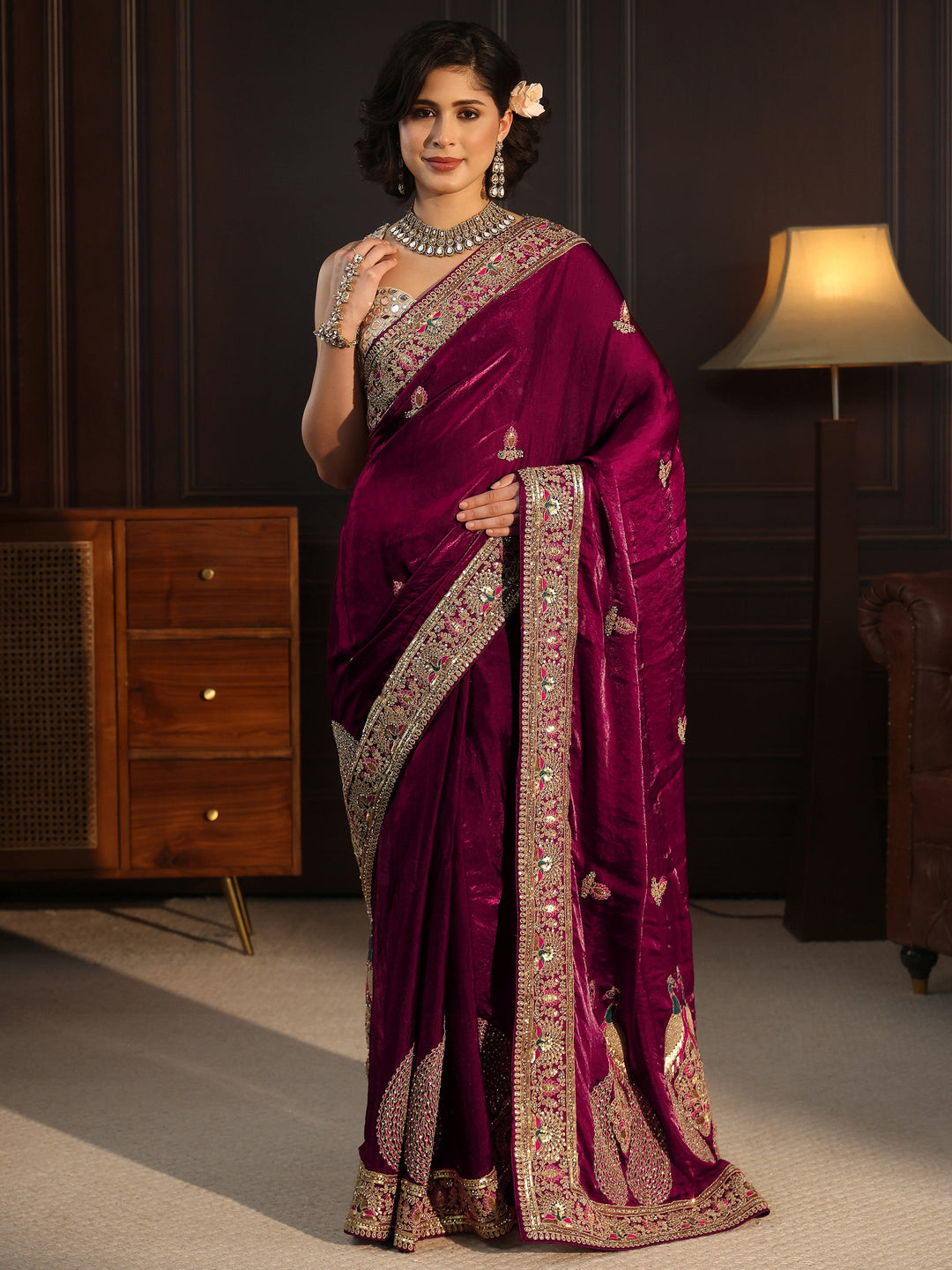  Libas Art Wine Embroidered Tissue Saree with Embellished Border 