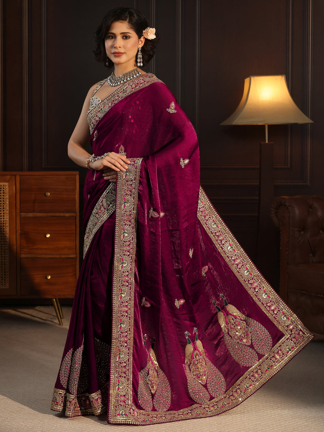  Libas Art Wine Embroidered Tissue Saree with Embellished Border 