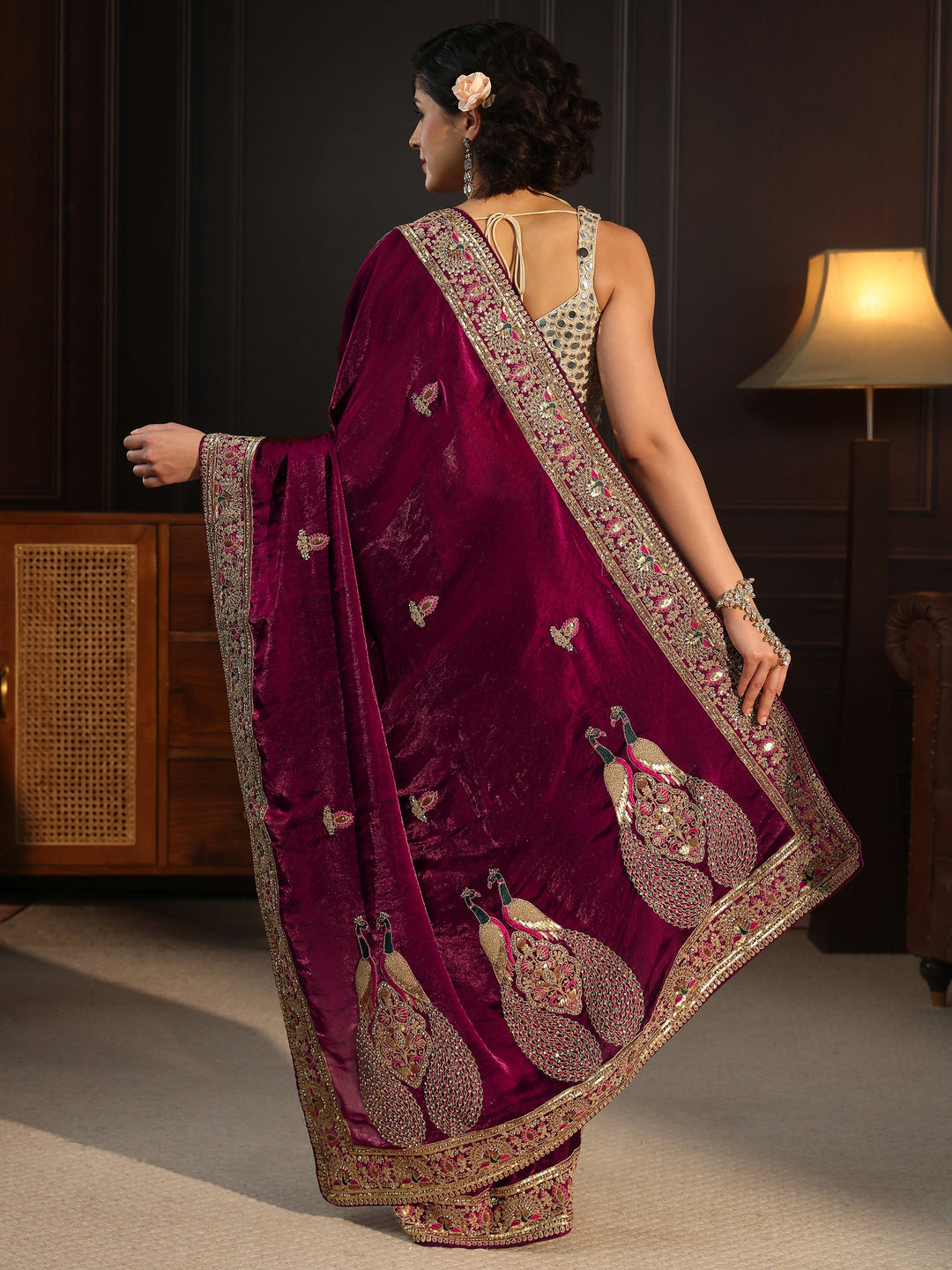  Libas Art Wine Embroidered Tissue Saree with Embellished Border 
