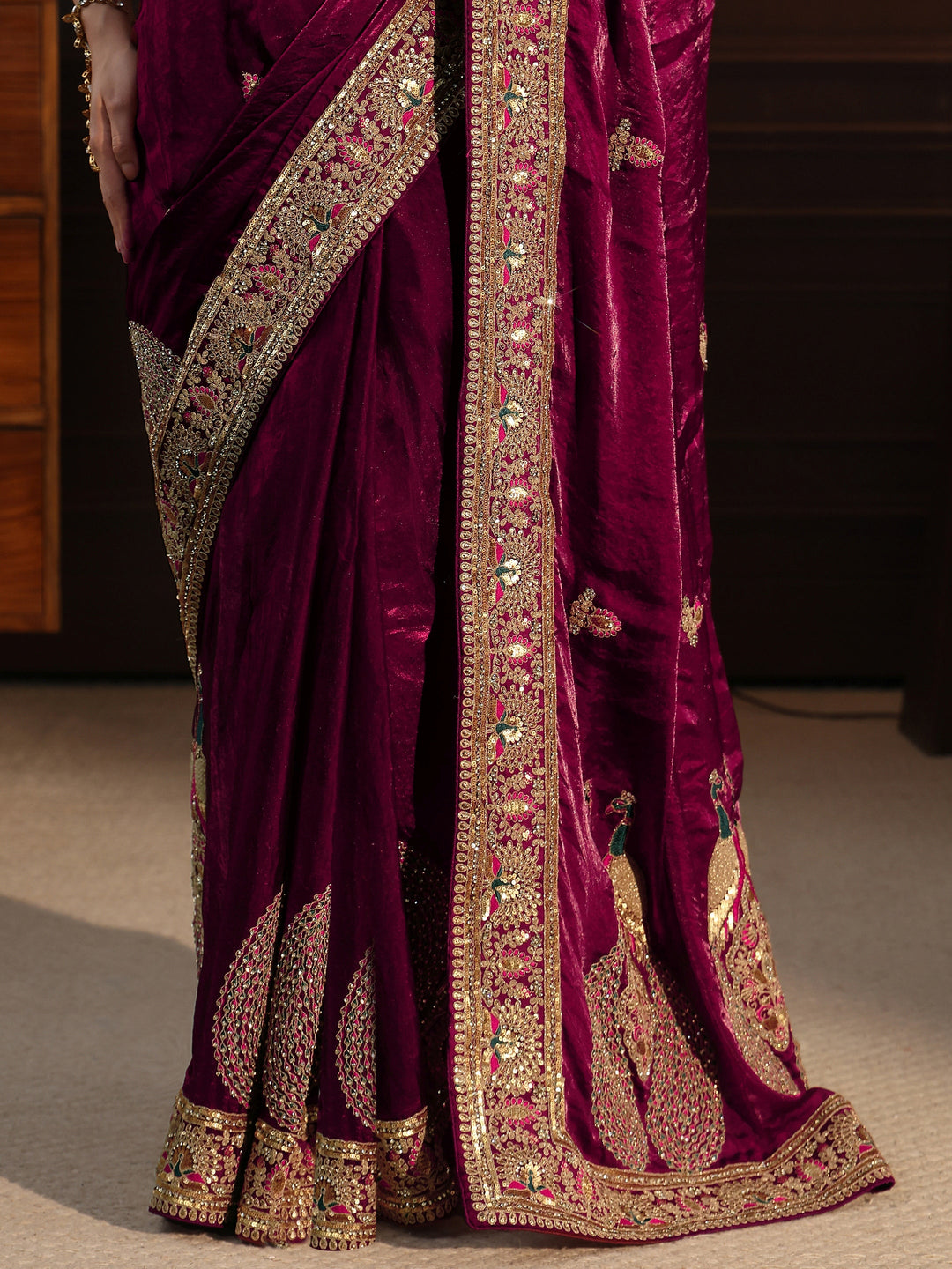  Libas Art Wine Embroidered Tissue Saree with Embellished Border 