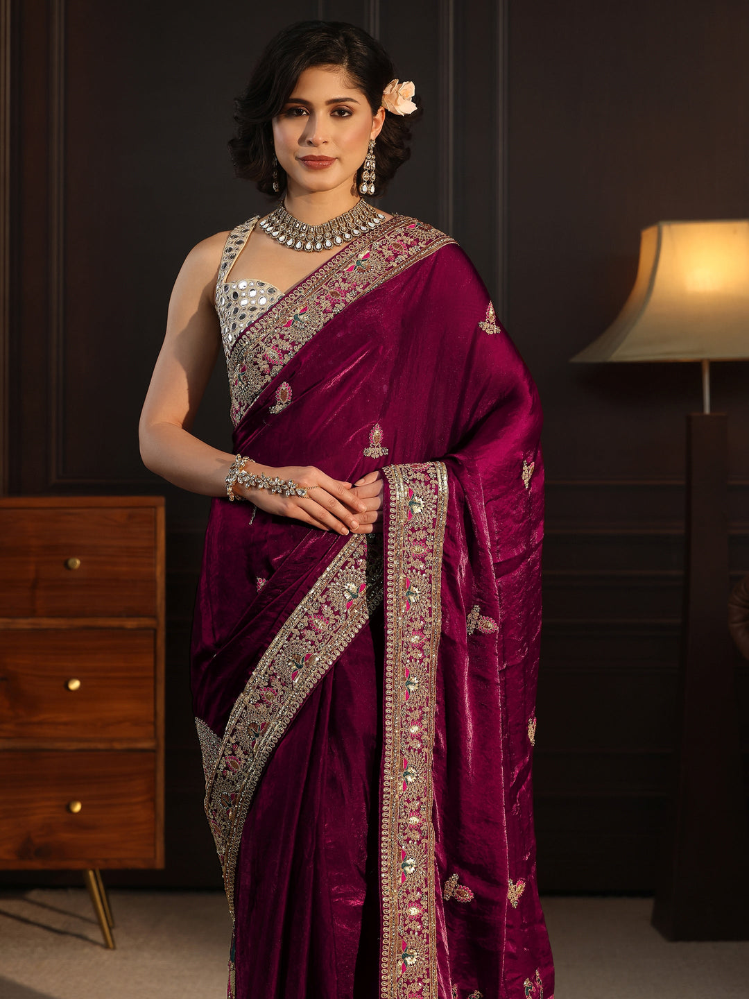  Libas Art Wine Embroidered Tissue Saree with Embellished Border 