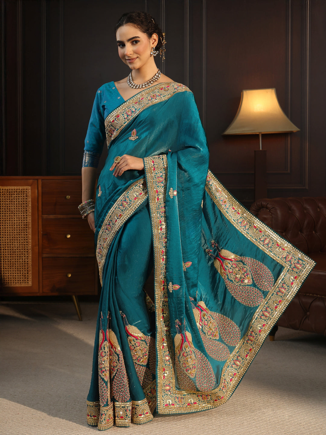  Libas Art Blue Embroidered Tissue Saree with Embellished Border 
