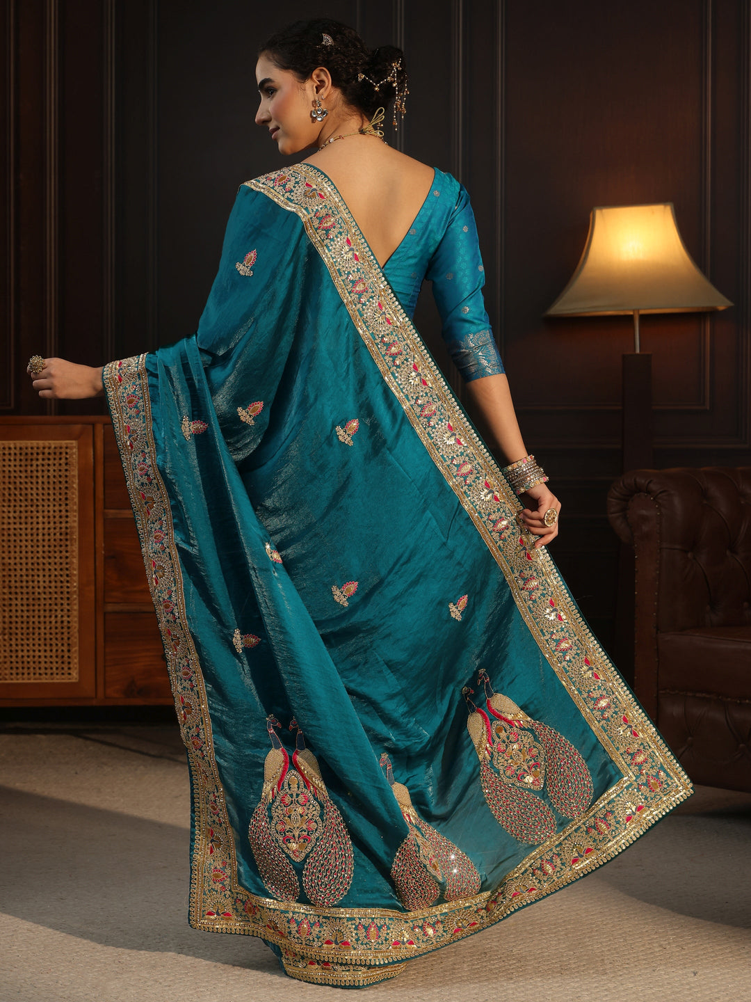  Libas Art Blue Embroidered Tissue Saree with Embellished Border 