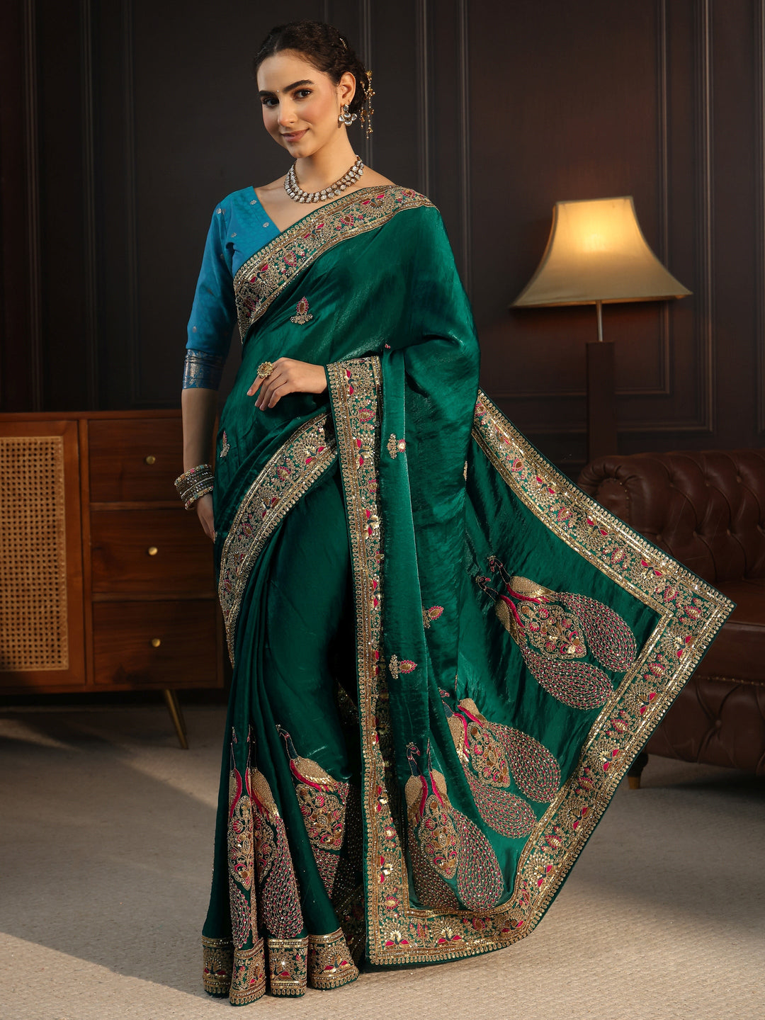  Libas Art Dark Green Embroidered Tissue Saree with Embellished Border 