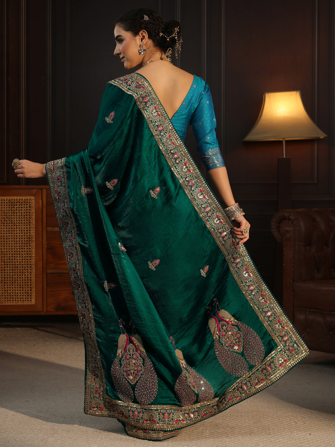  Libas Art Dark Green Embroidered Tissue Saree with Embellished Border 