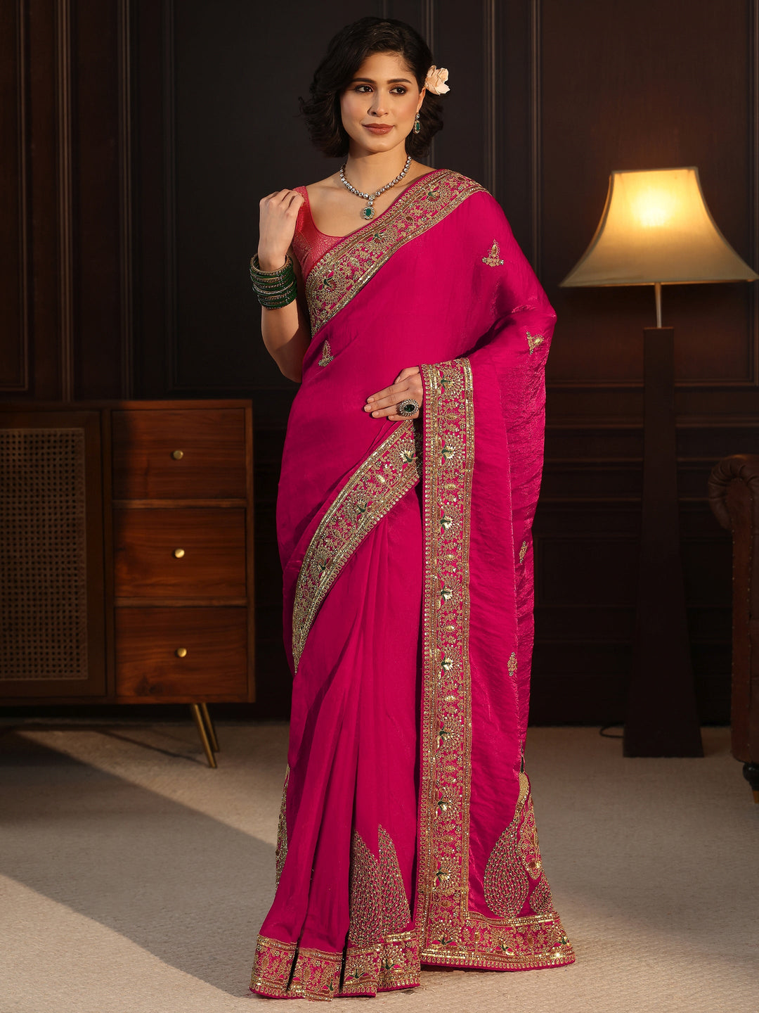  Libas Art Fuchsia Pink Embroidered Tissue Saree with Embellished Border 