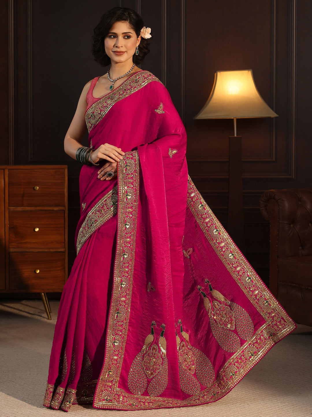  Libas Art Fuchsia Pink Embroidered Tissue Saree with Embellished Border 
