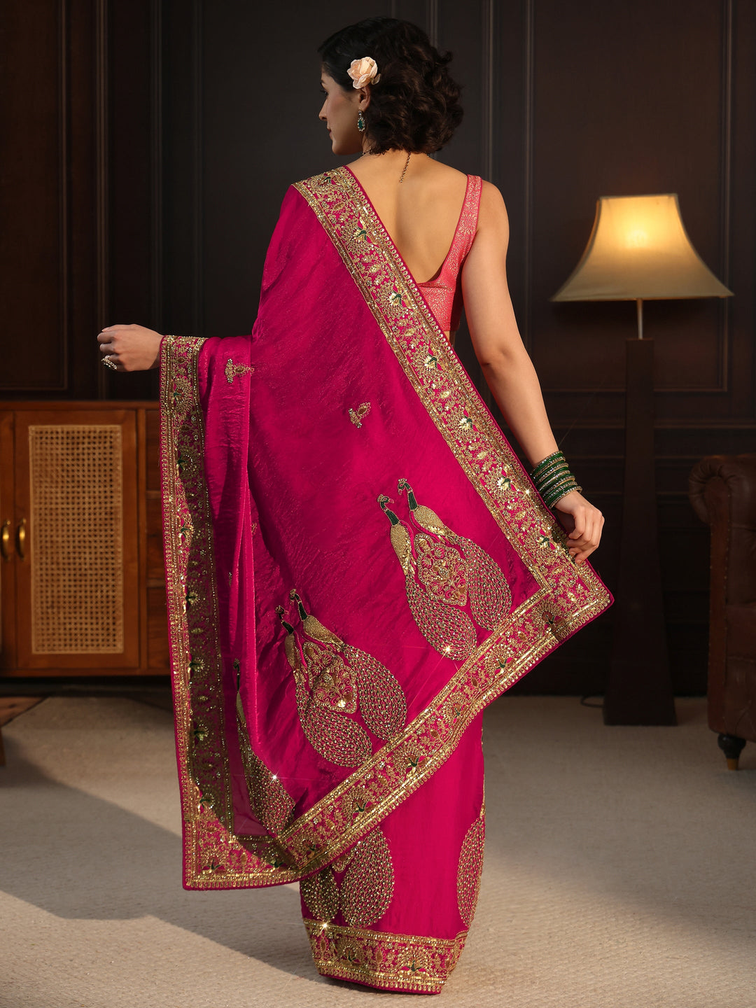 Libas Art Fuchsia Pink Embroidered Tissue Saree with Embellished Border 
