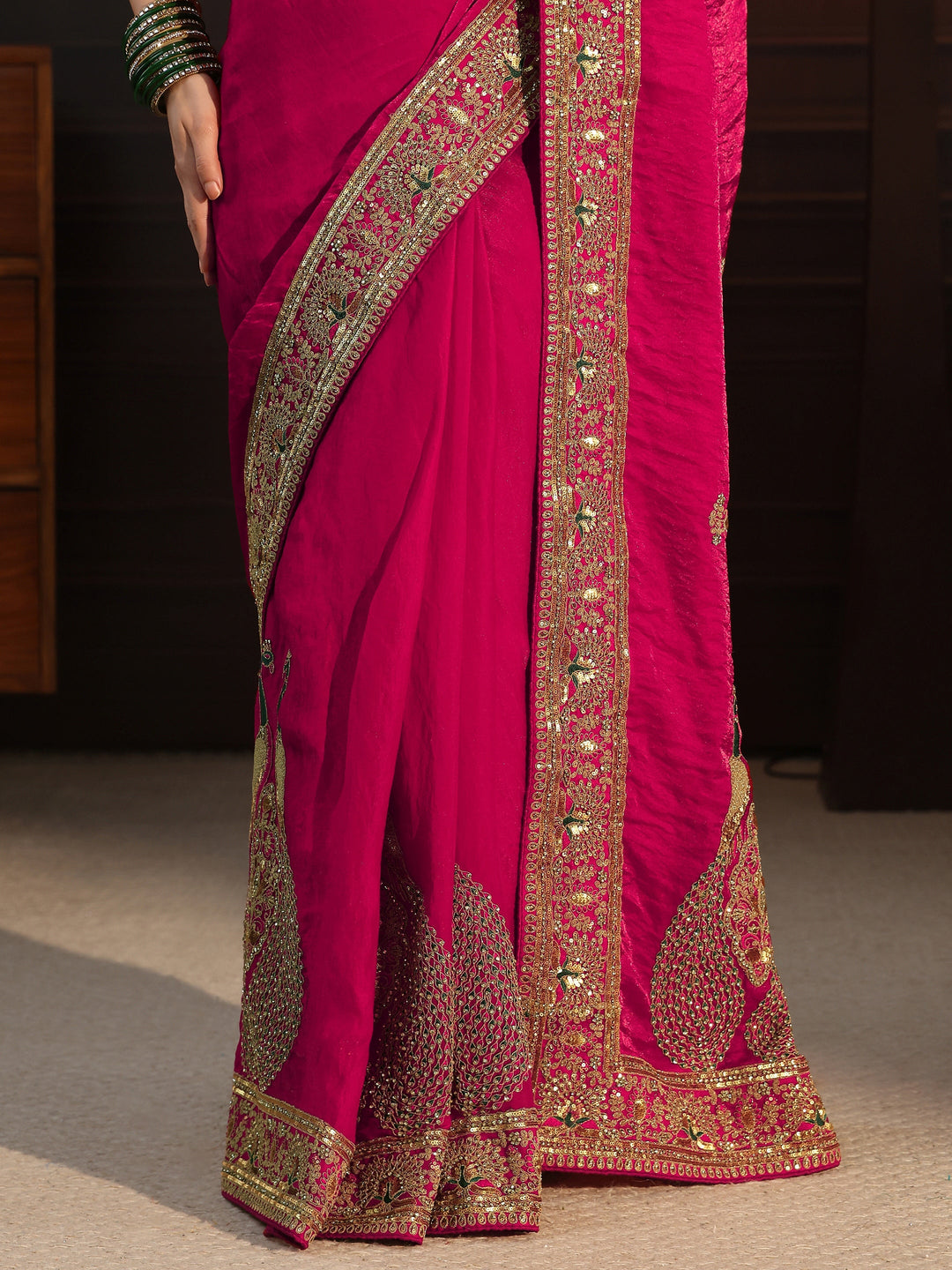  Libas Art Fuchsia Pink Embroidered Tissue Saree with Embellished Border 