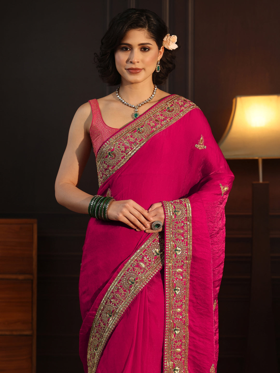  Libas Art Fuchsia Pink Embroidered Tissue Saree with Embellished Border 