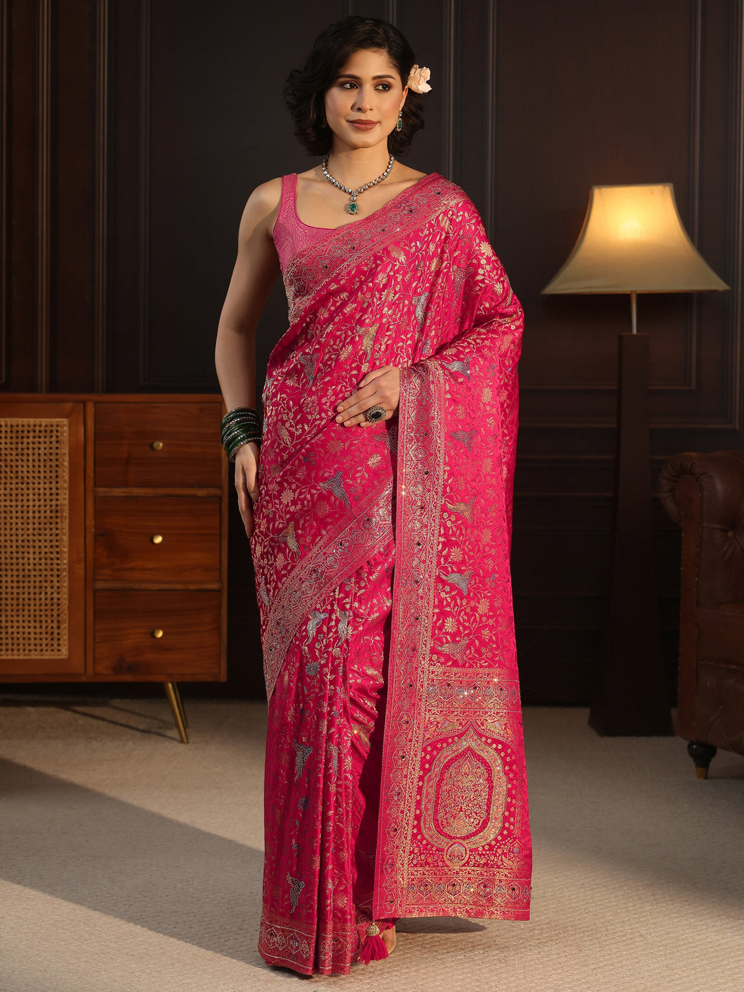  Libas Art Pink Floral Woven Design Silk Blend Saree with Stone Work 