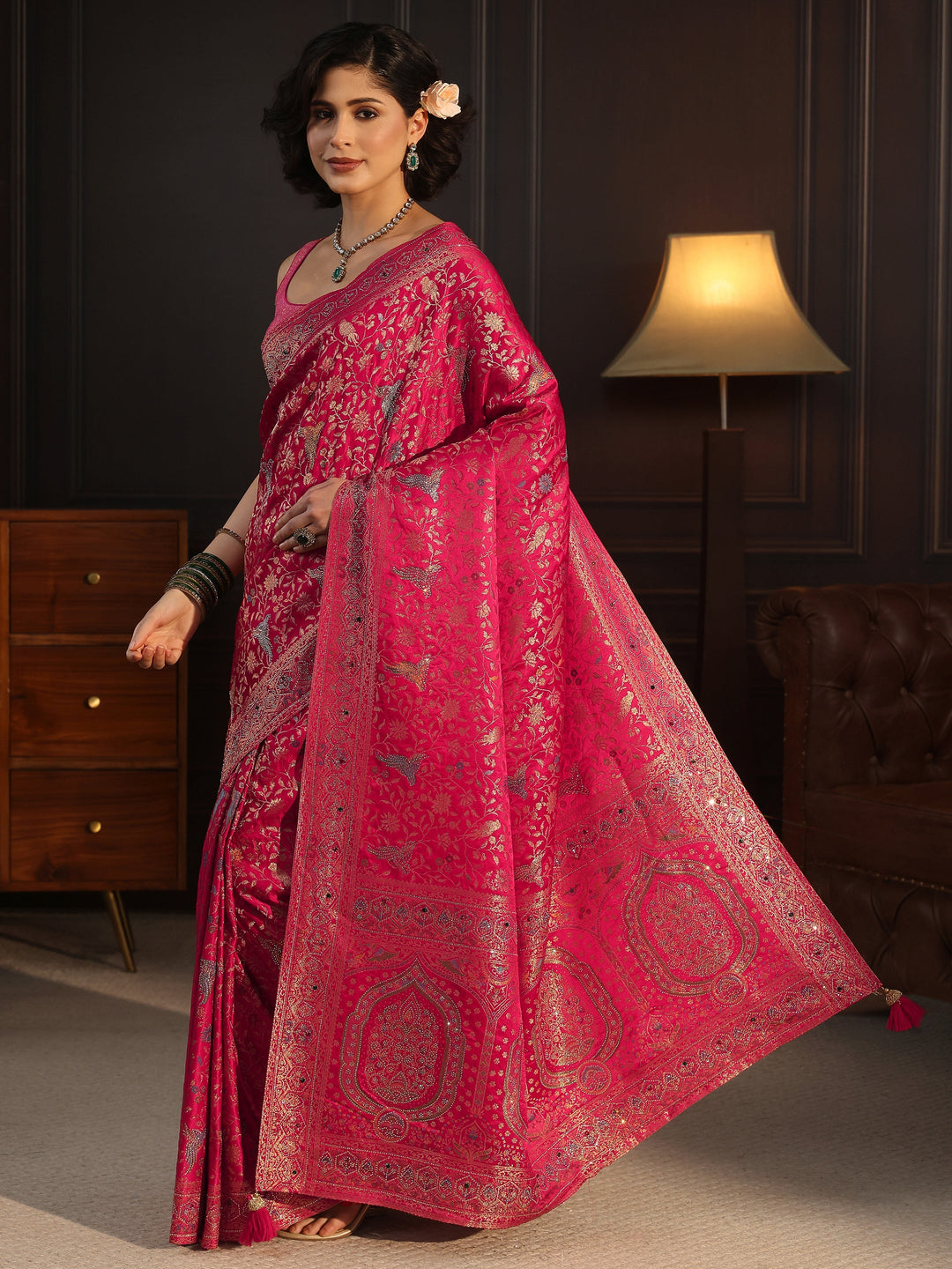  Libas Art Pink Floral Woven Design Silk Blend Saree with Stone Work 