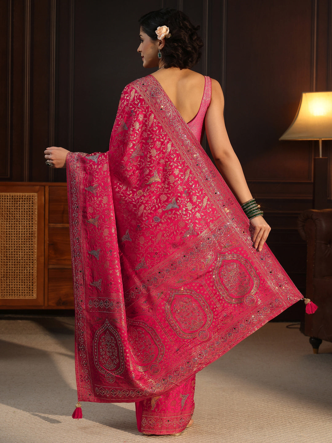  Libas Art Pink Floral Woven Design Silk Blend Saree with Stone Work 