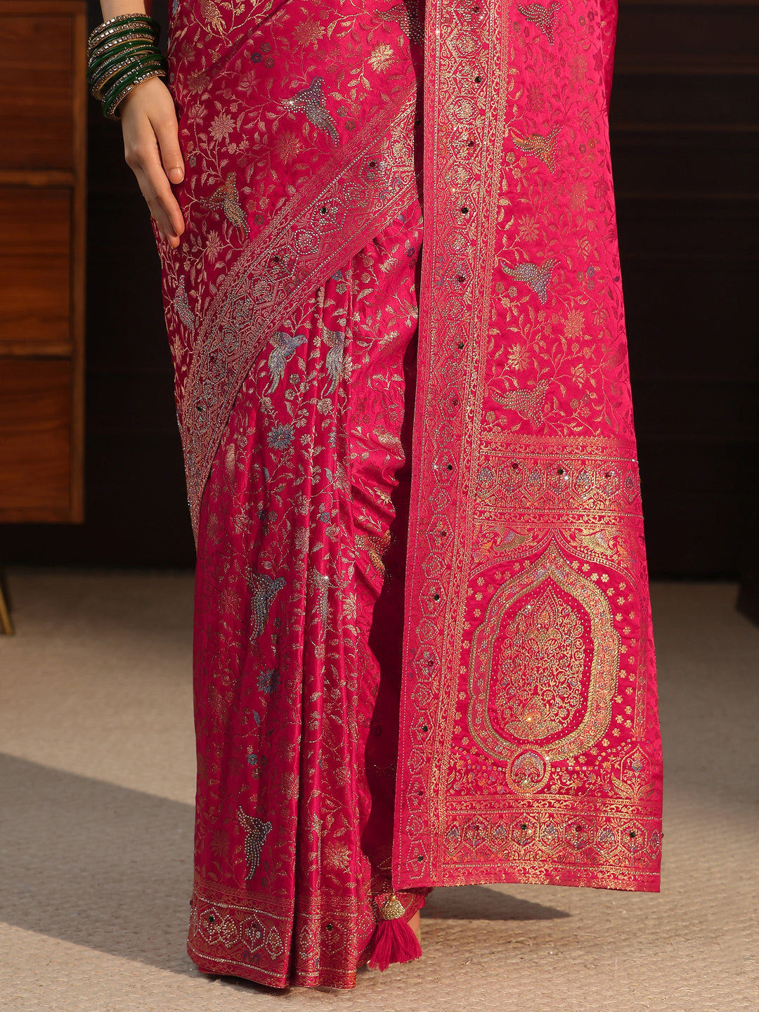  Libas Art Pink Floral Woven Design Silk Blend Saree with Stone Work 