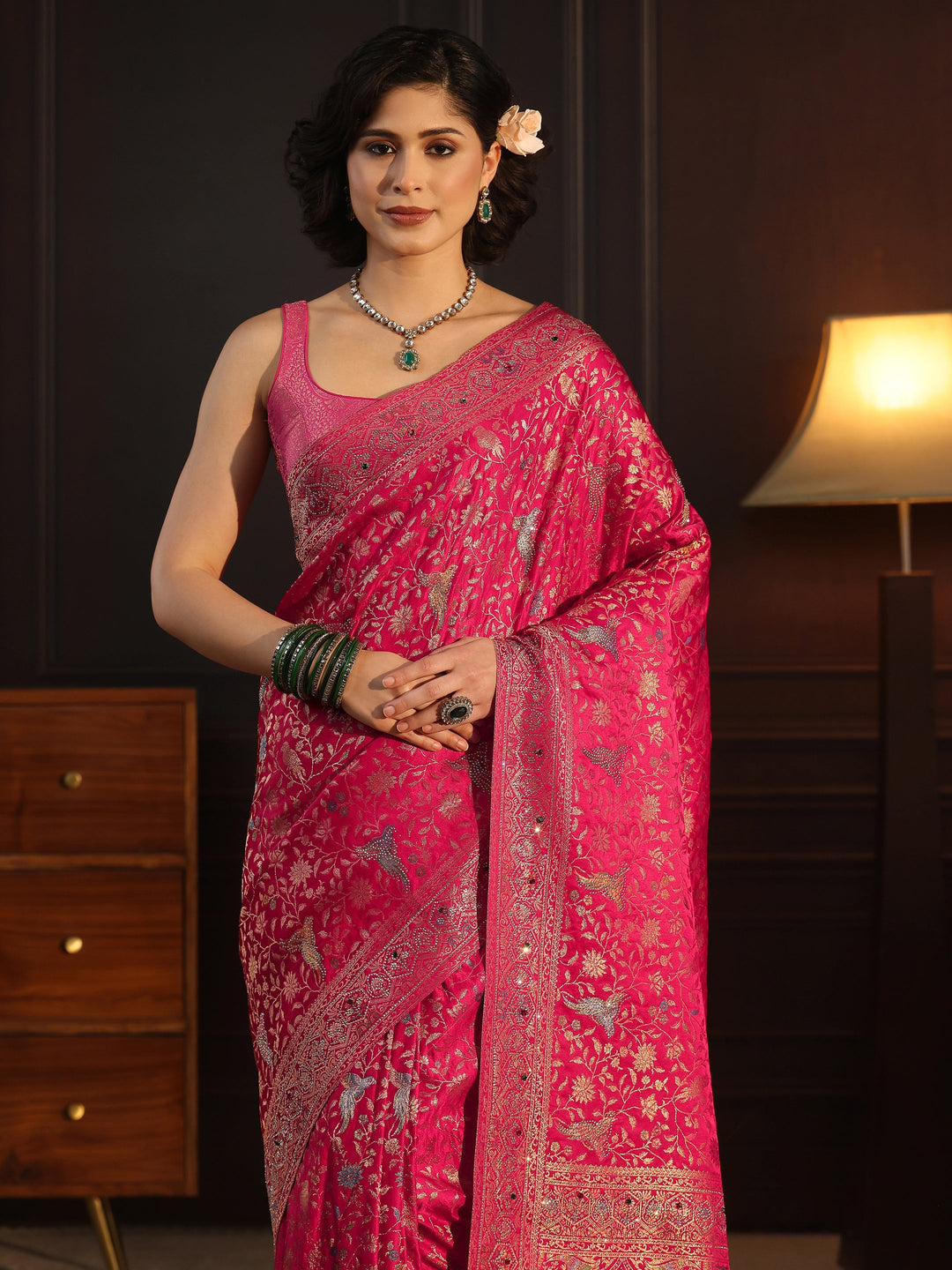  Libas Art Pink Floral Woven Design Silk Blend Saree with Stone Work 