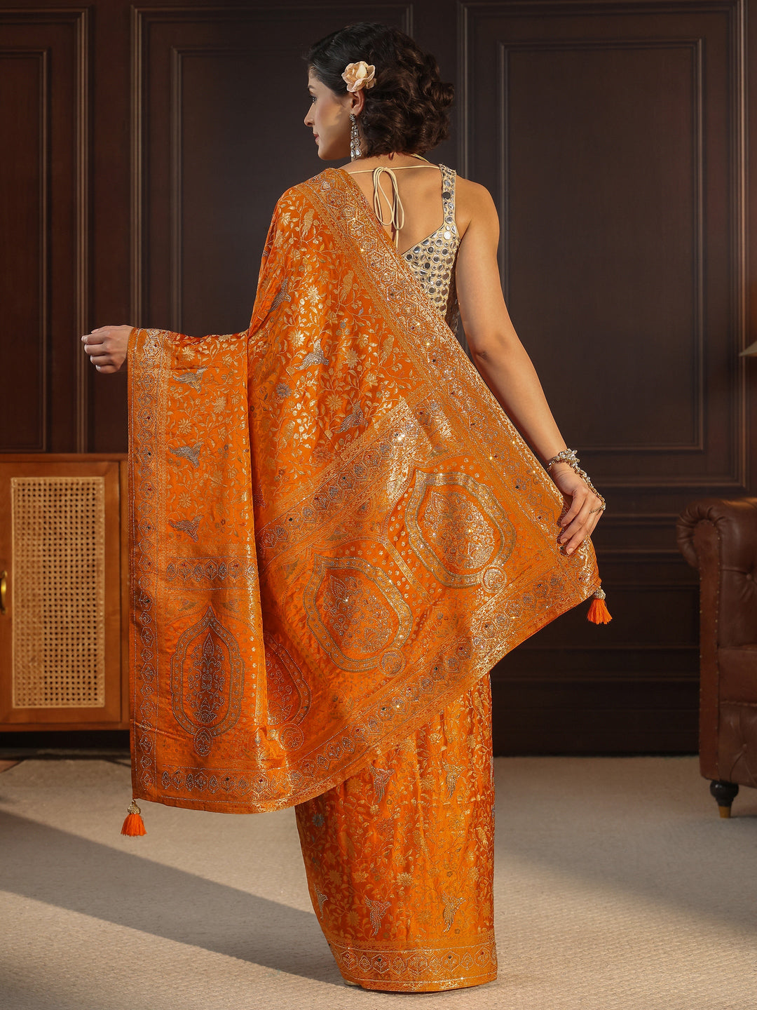  Libas Art Orange Floral Woven Design Silk Blend Saree with Stone Work 