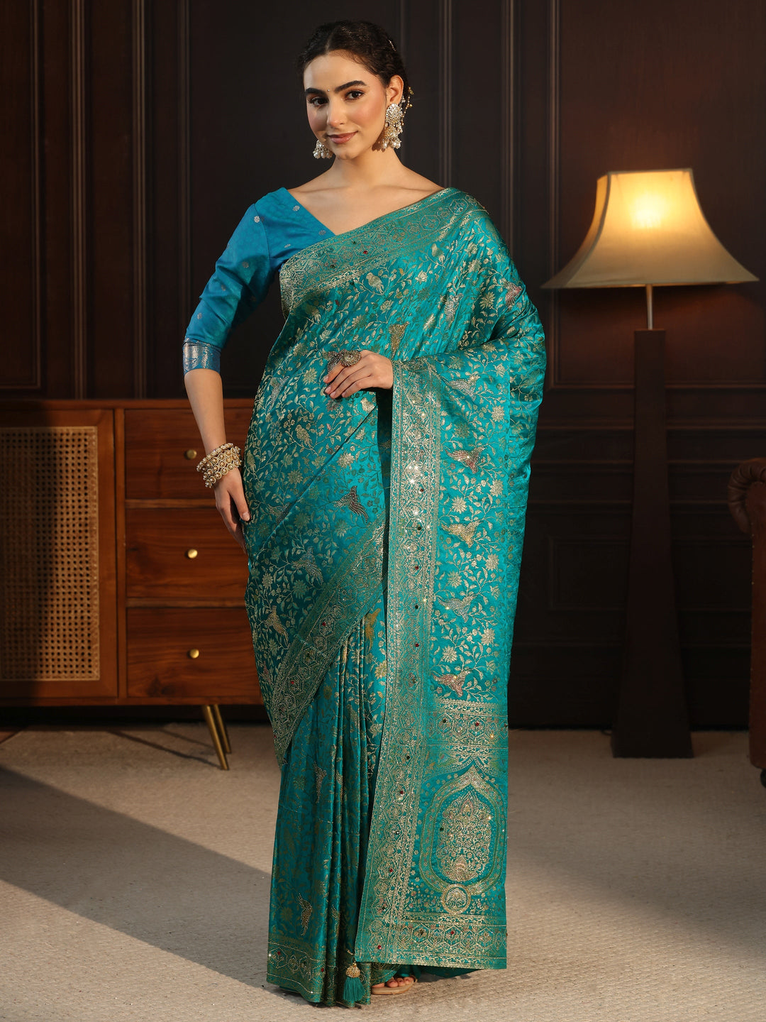  Libas Art Sea Green Floral Woven Design Silk Blend Saree with Stone Work 