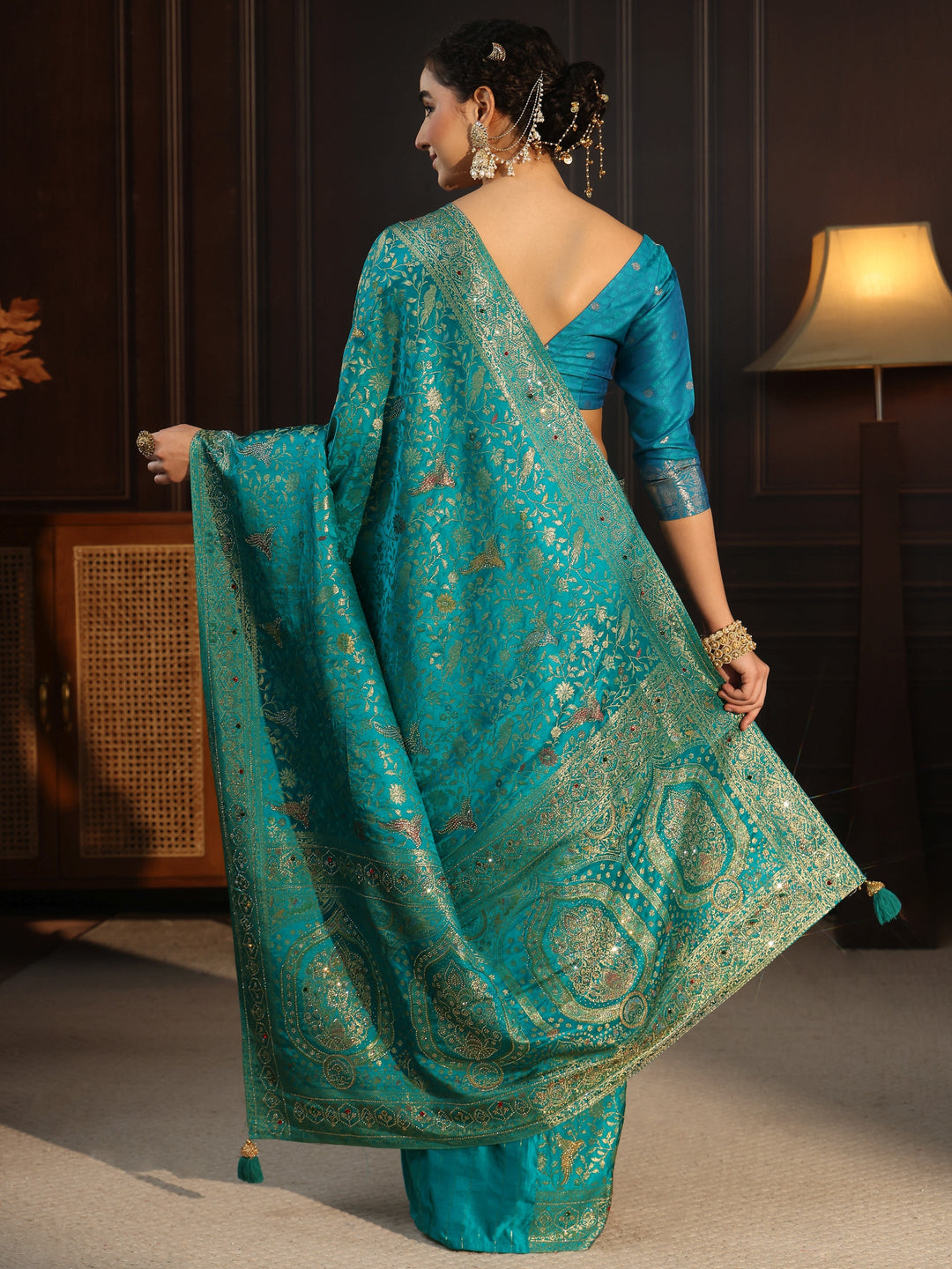 Libas Art Sea Green Floral Woven Design Silk Blend Saree with Stone Work 