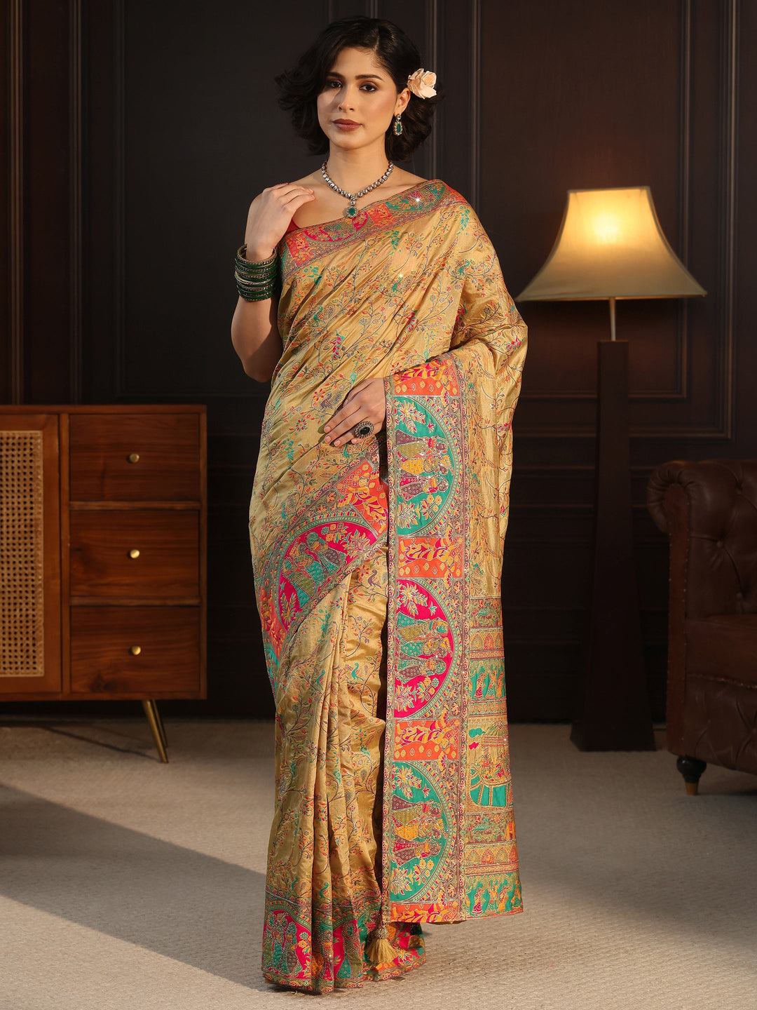  Libas Beige Woven Design Silk Blend Saree with Embroidered Border 