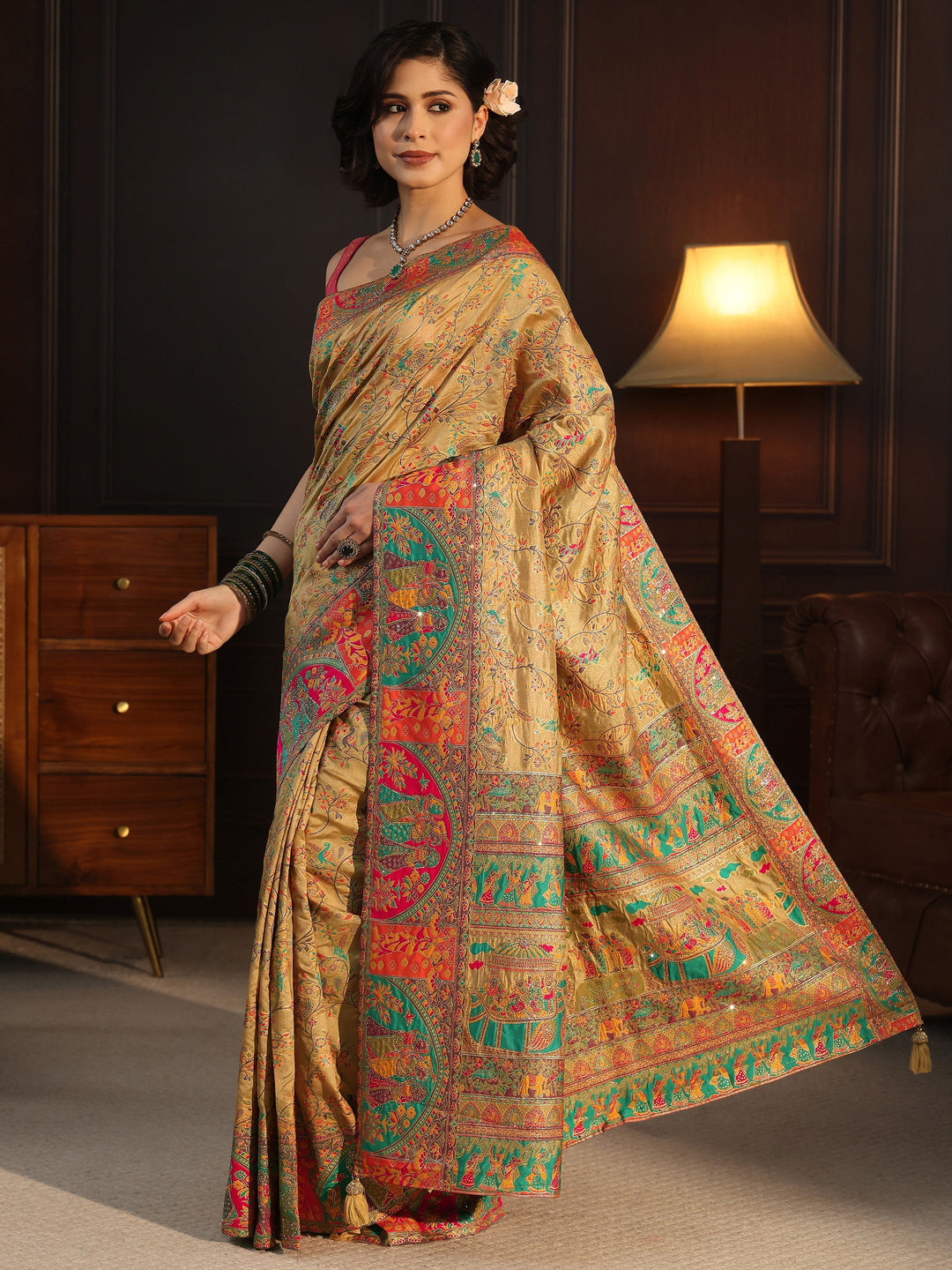  Libas Beige Woven Design Silk Blend Saree with Embroidered Border 