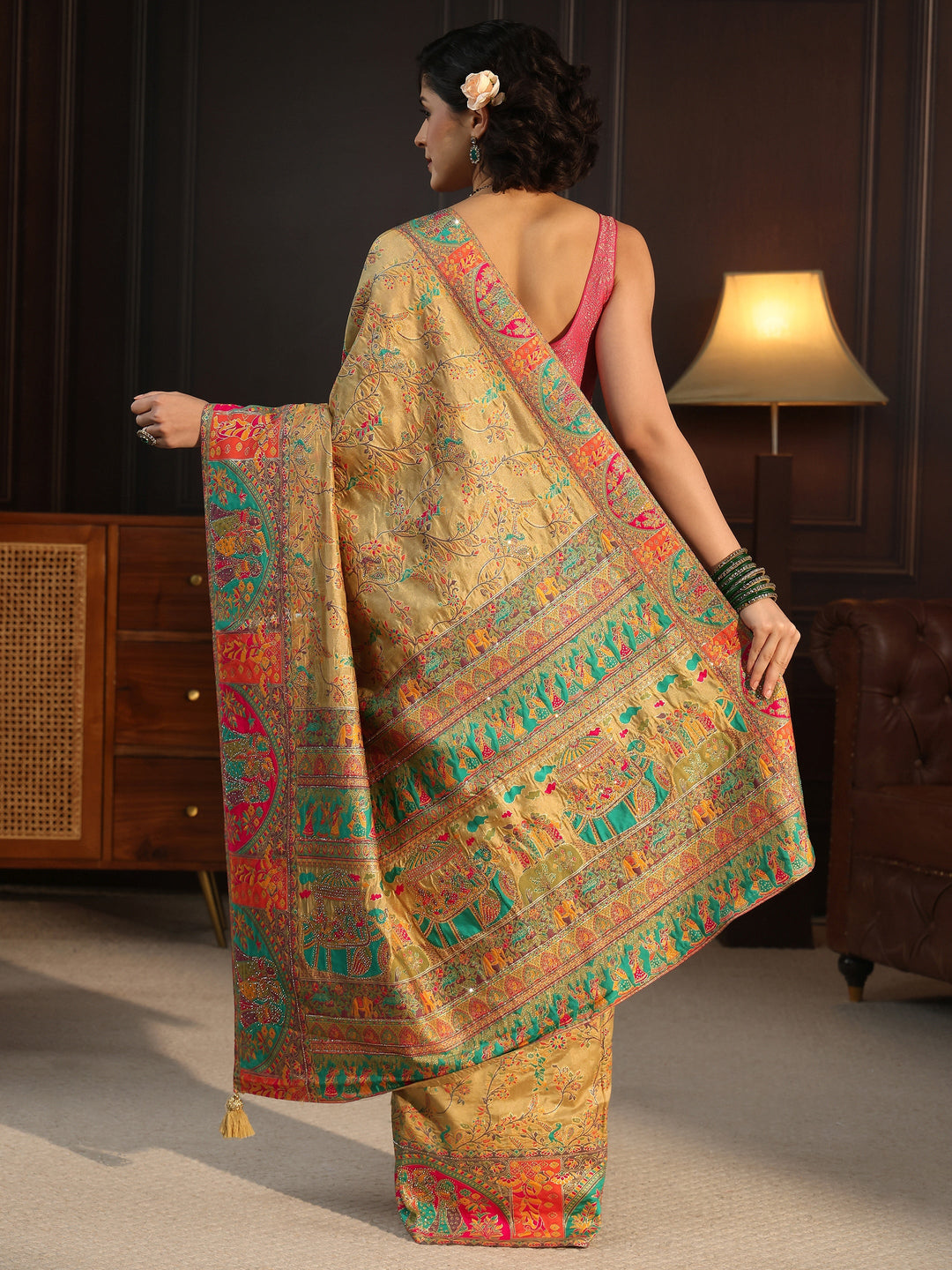  Libas Beige Woven Design Silk Blend Saree with Embroidered Border 
